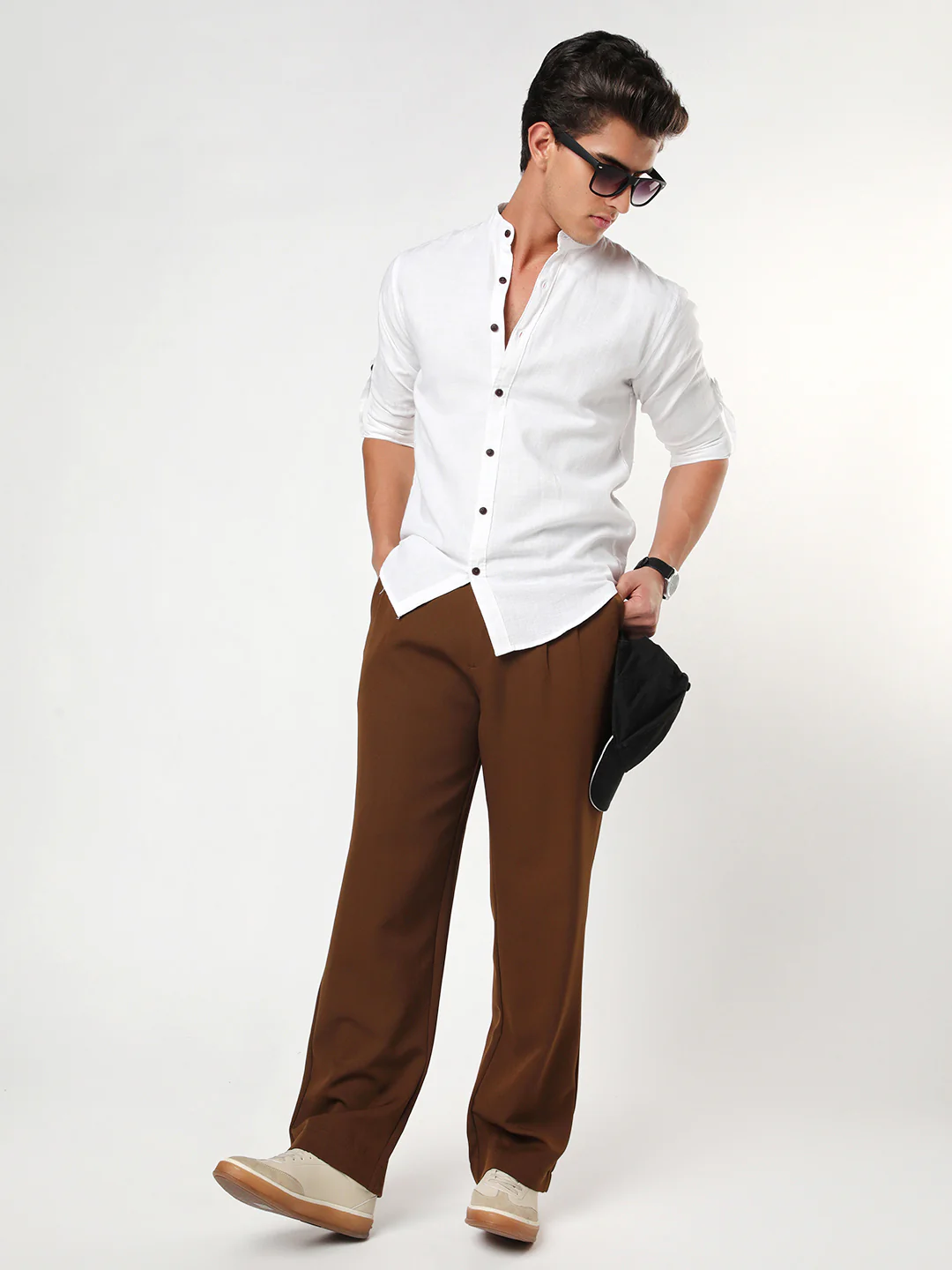 Men's White Linen Blend Full Sleeve Relaxed Fit Mandarin Collar Casual Solid Shirt - Image 4