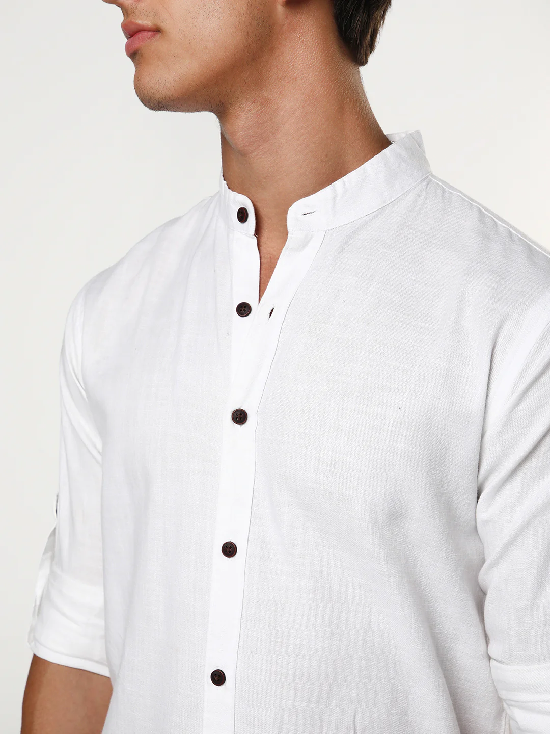 Men's White Linen Blend Full Sleeve Relaxed Fit Mandarin Collar Casual Solid Shirt - Image 6