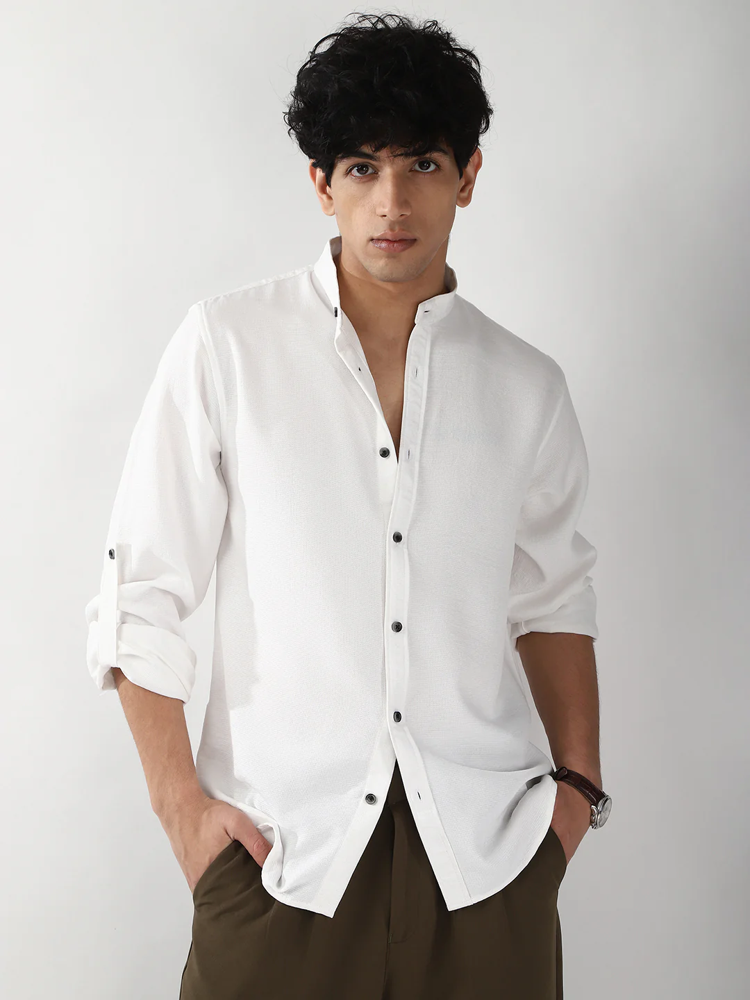 Men's White Linen Blend Full Sleeve Relaxed Fit Mandarin Collar Casual Solid Shirt - Image 2