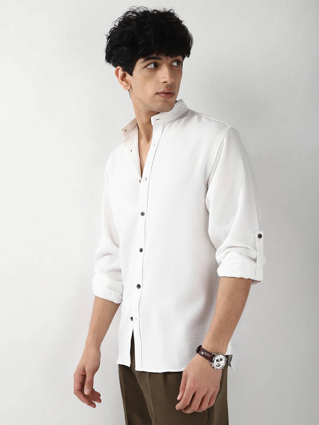 Men's White Linen Blend Full Sleeve Relaxed Fit Mandarin Collar Casual Solid Shirt - Image 3