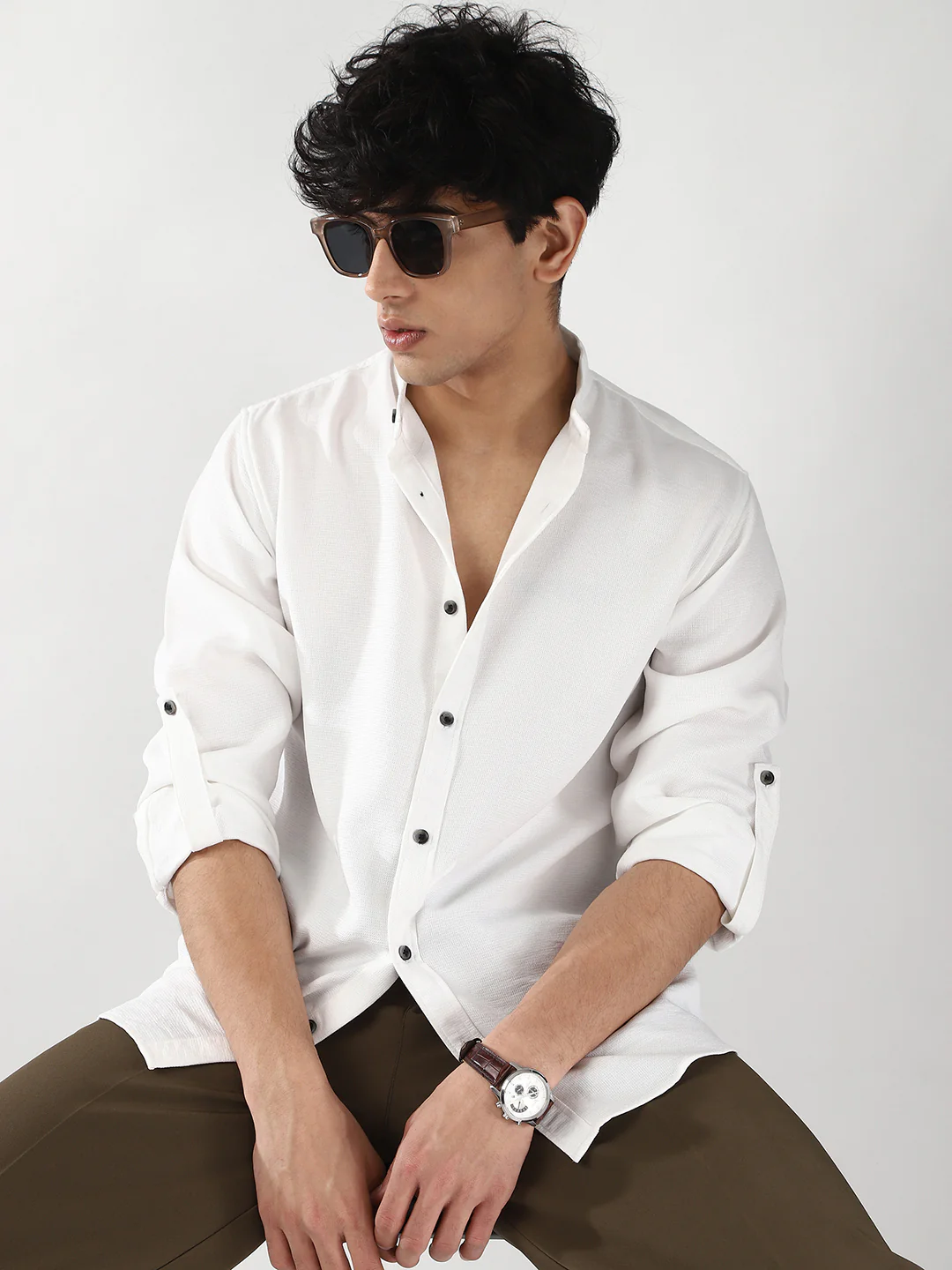 Men's White Linen Blend Full Sleeve Relaxed Fit Mandarin Collar Casual Solid Shirt - Image 5
