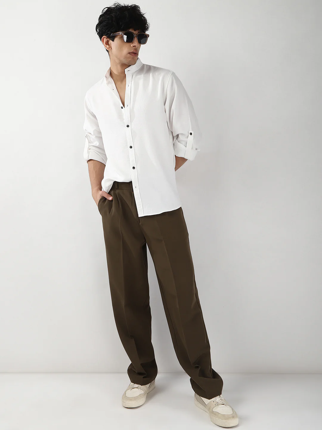 Men's White Linen Blend Full Sleeve Relaxed Fit Mandarin Collar Casual Solid Shirt - Image 6