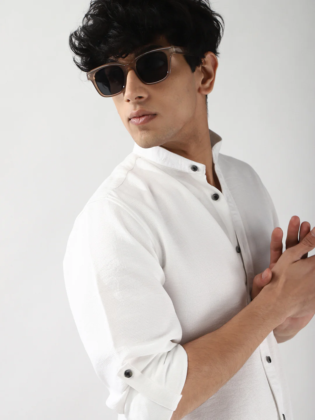 Men's White Linen Blend Full Sleeve Relaxed Fit Mandarin Collar Casual Solid Shirt - Image 7