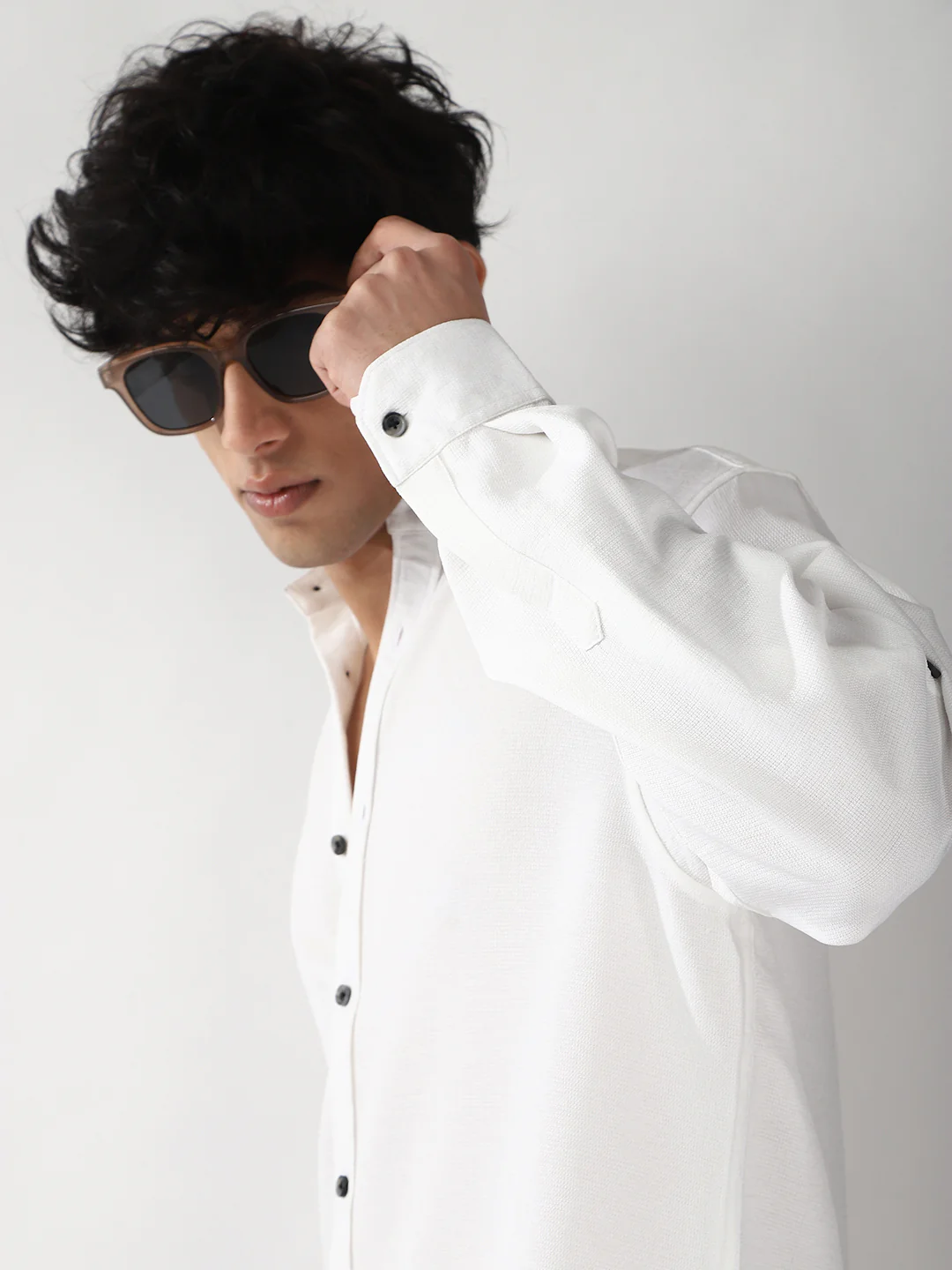 Men's White Linen Blend Full Sleeve Relaxed Fit Mandarin Collar Casual Solid Shirt - Image 8