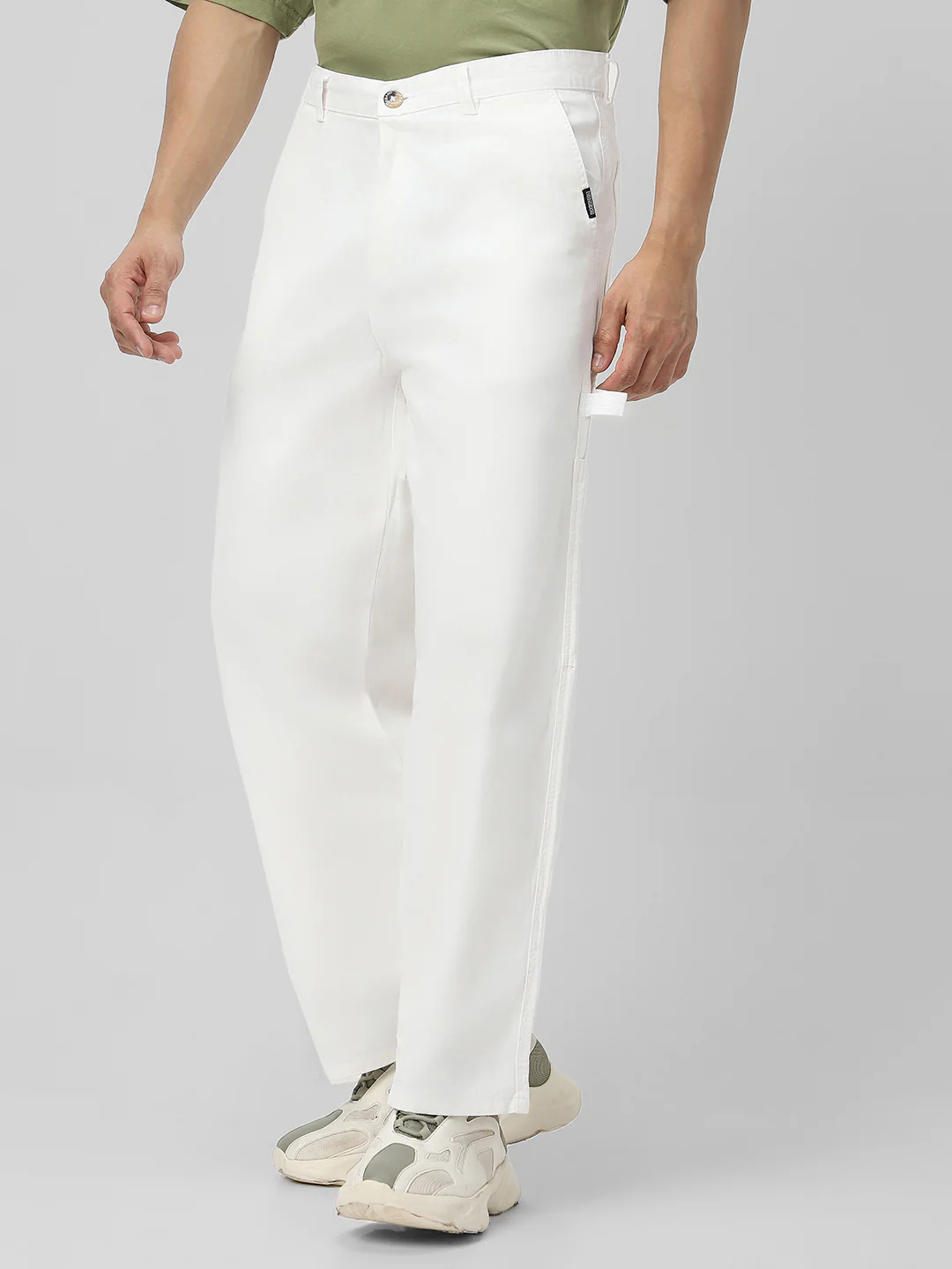 Men's White Loose Baggy Fit Solid Carpenter Trouser Pant with 5 Pockets Non-Stretchable - Image 3
