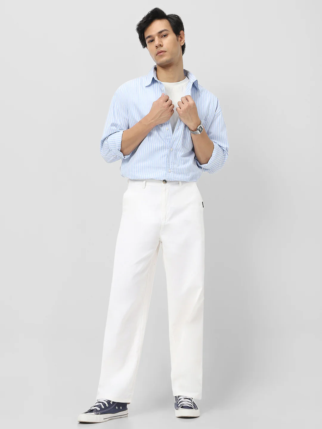 Men's White Loose Baggy Fit Solid Chino Trousers Non-Stretchable - Image 5
