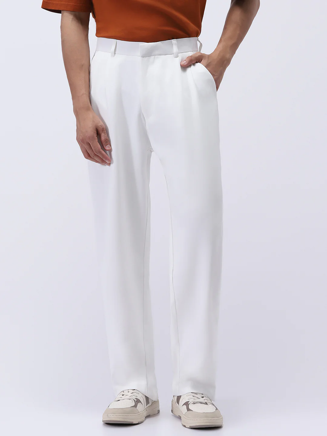Men's White Loose Baggy Fit Solid Korean Pants Stretchable