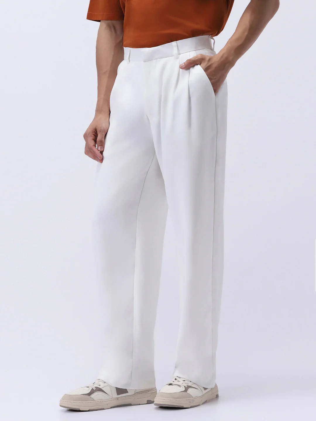 Men's White Loose Baggy Fit Solid Korean Pants Stretchable - Image 2