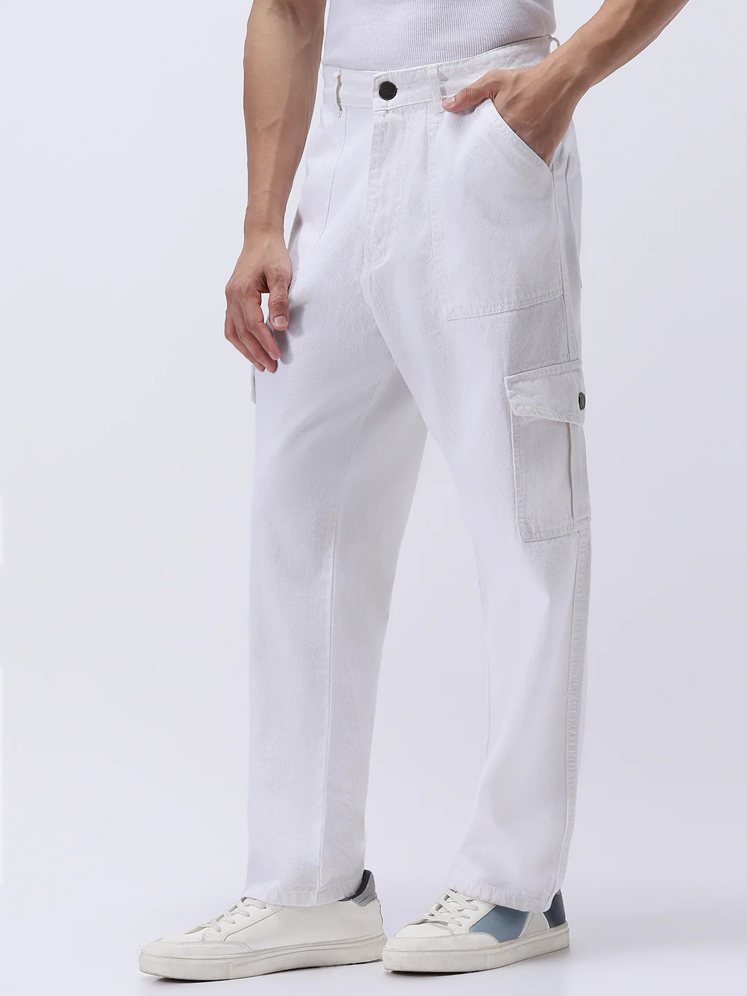 Men's White Loose Mid Rise Baggy Fit Cargo Jeans with 6 Pockets Non-Stretchable - Image 2