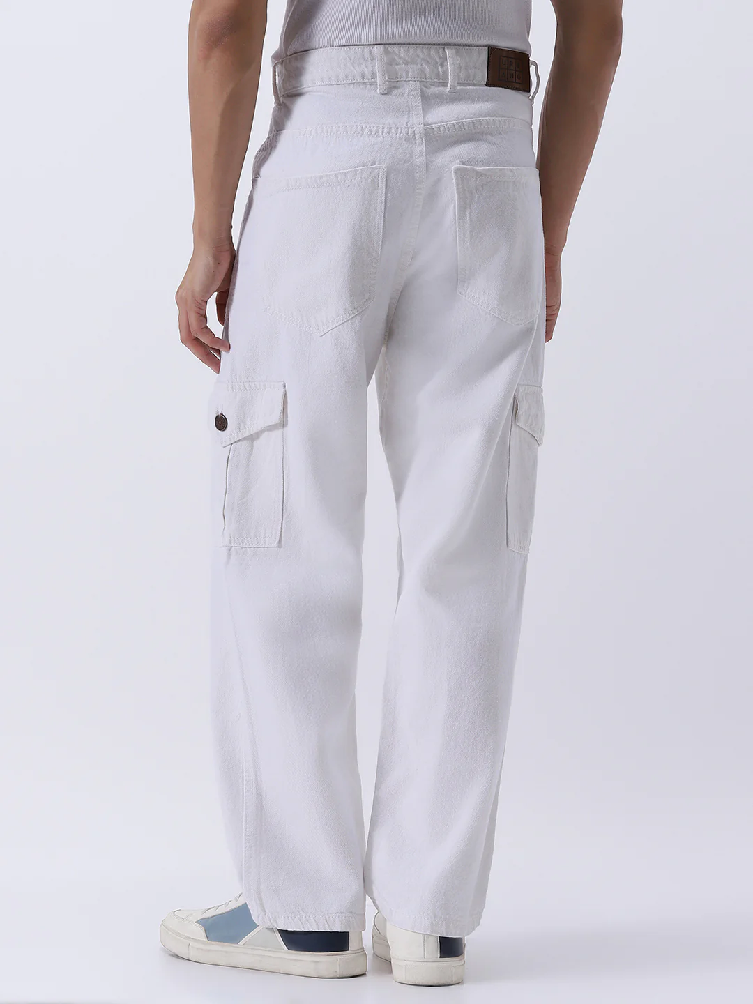 Men's White Loose Mid Rise Baggy Fit Cargo Jeans with 6 Pockets Non-Stretchable - Image 3