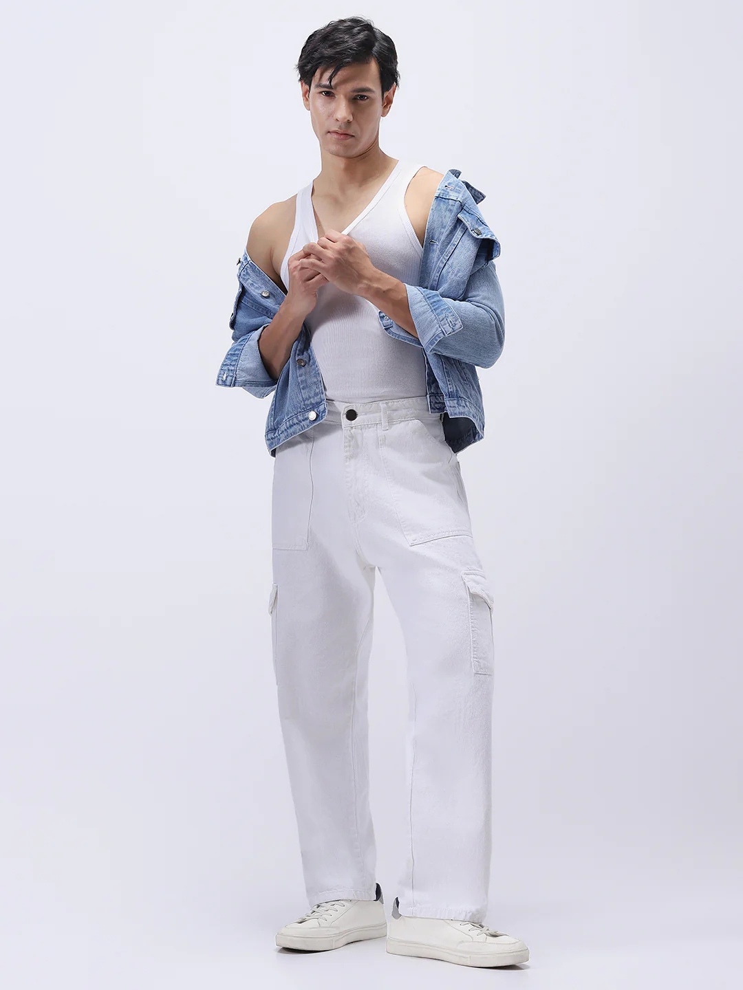 Men's White Loose Mid Rise Baggy Fit Cargo Jeans with 6 Pockets Non-Stretchable - Image 4