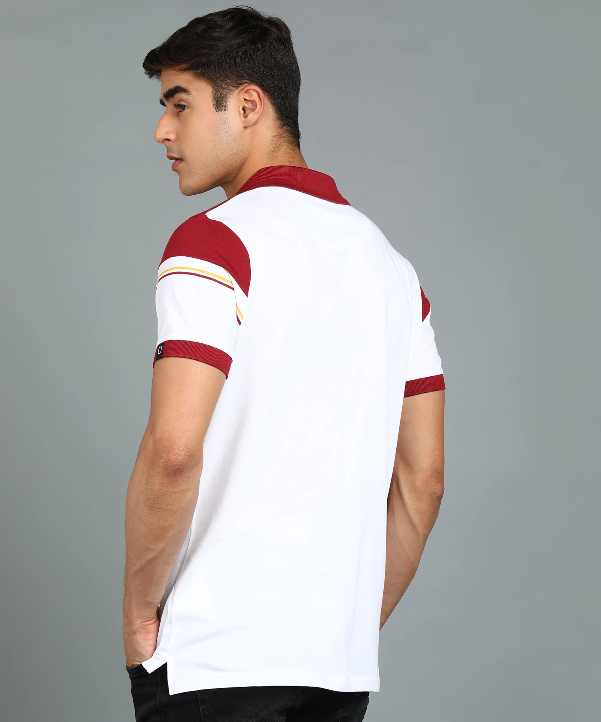 Men's White, Maroon Colour-Block Slim Fit Half Sleeve Cotton Polo T-Shirt - Image 3
