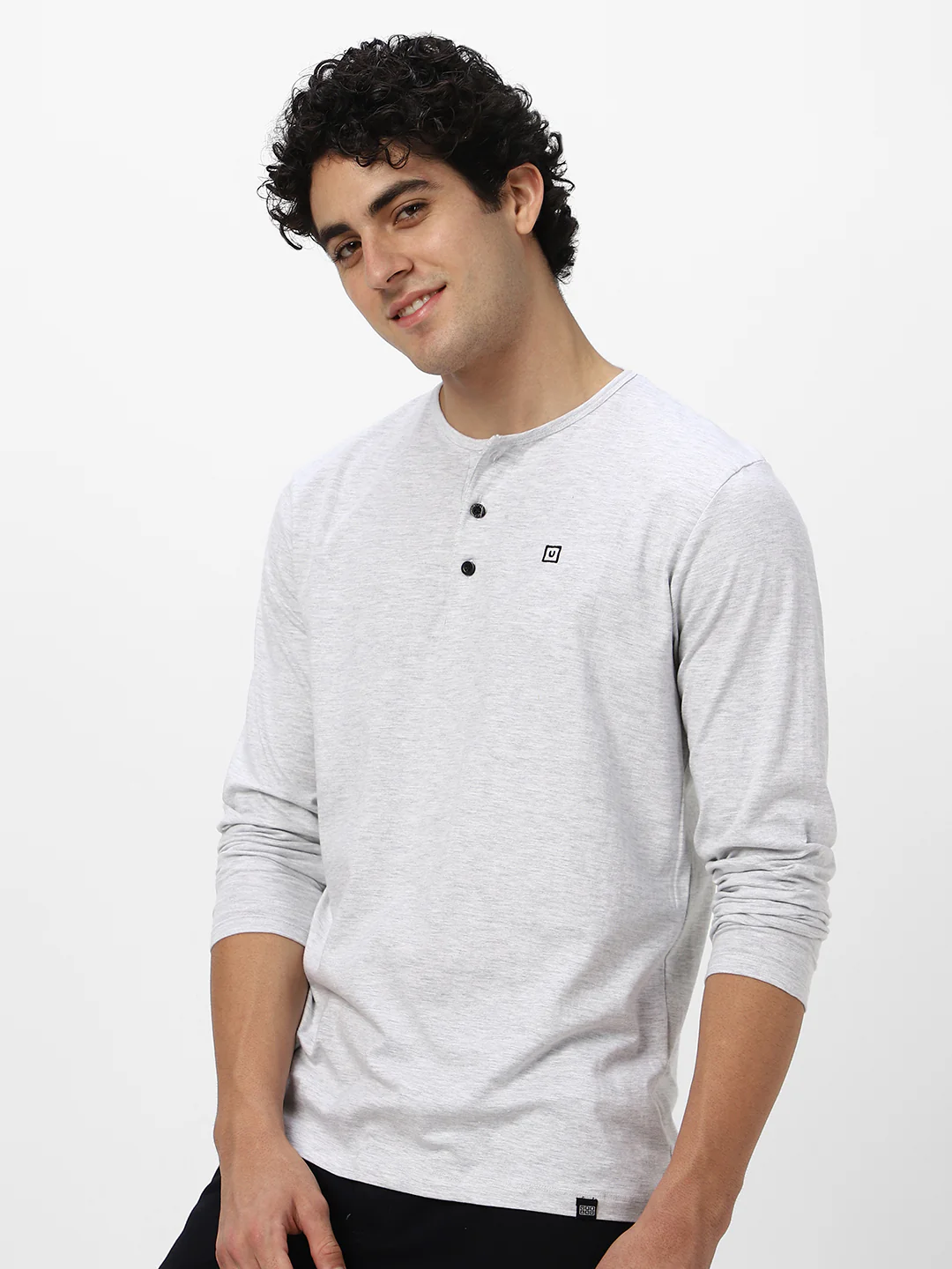 Men's White Melange Solid Henley Neck Slim Fit Full Sleeve Cotton T-Shirt - Image 3