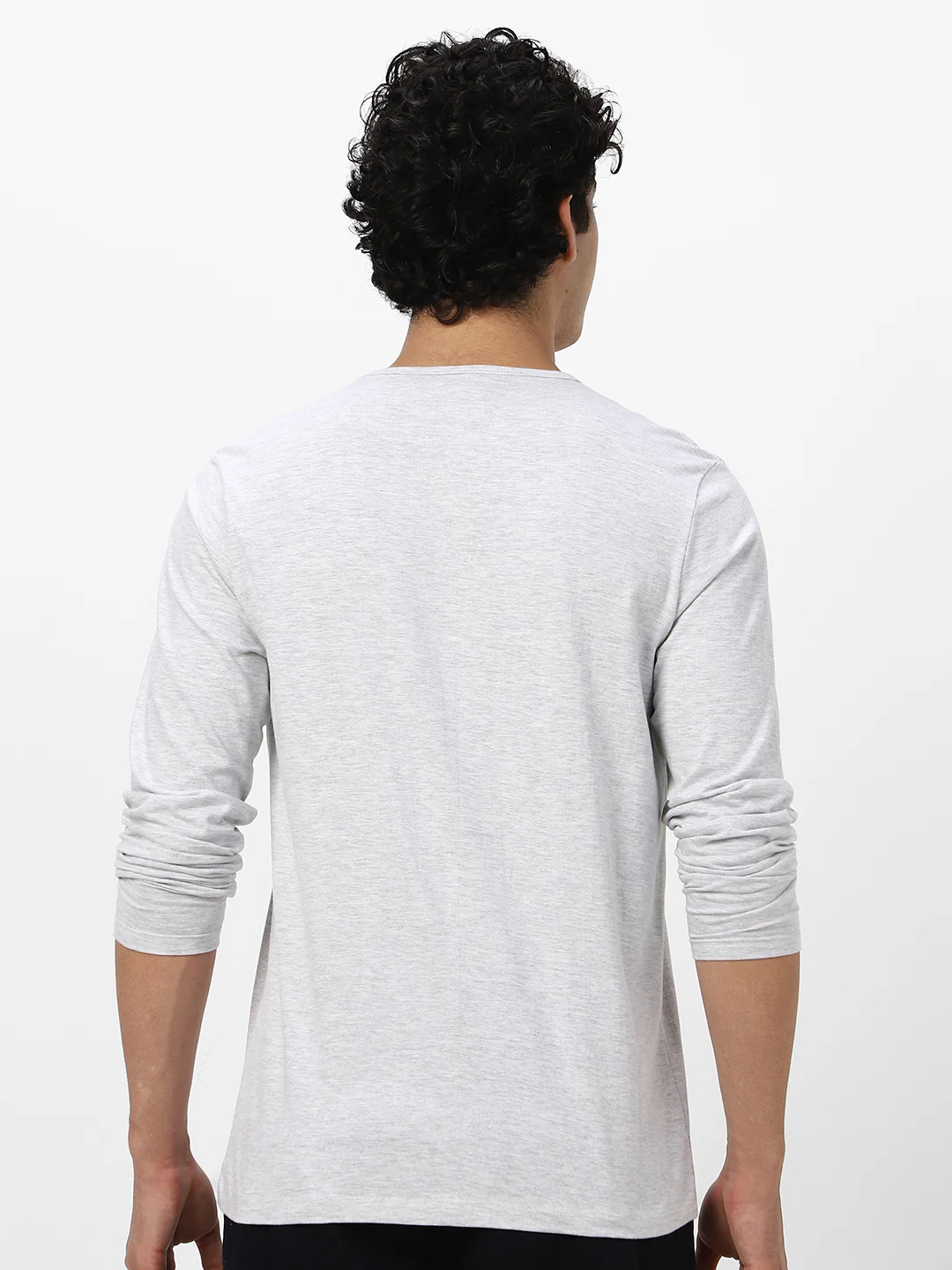 Men's White Melange Solid Henley Neck Slim Fit Full Sleeve Cotton T-Shirt - Image 4