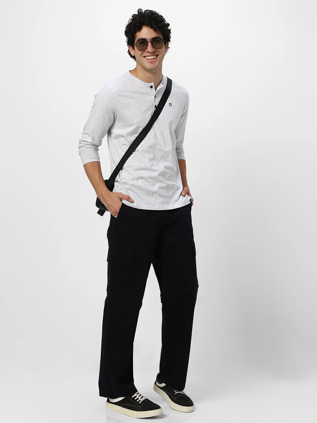 Men's White Melange Solid Henley Neck Slim Fit Full Sleeve Cotton T-Shirt - Image 5