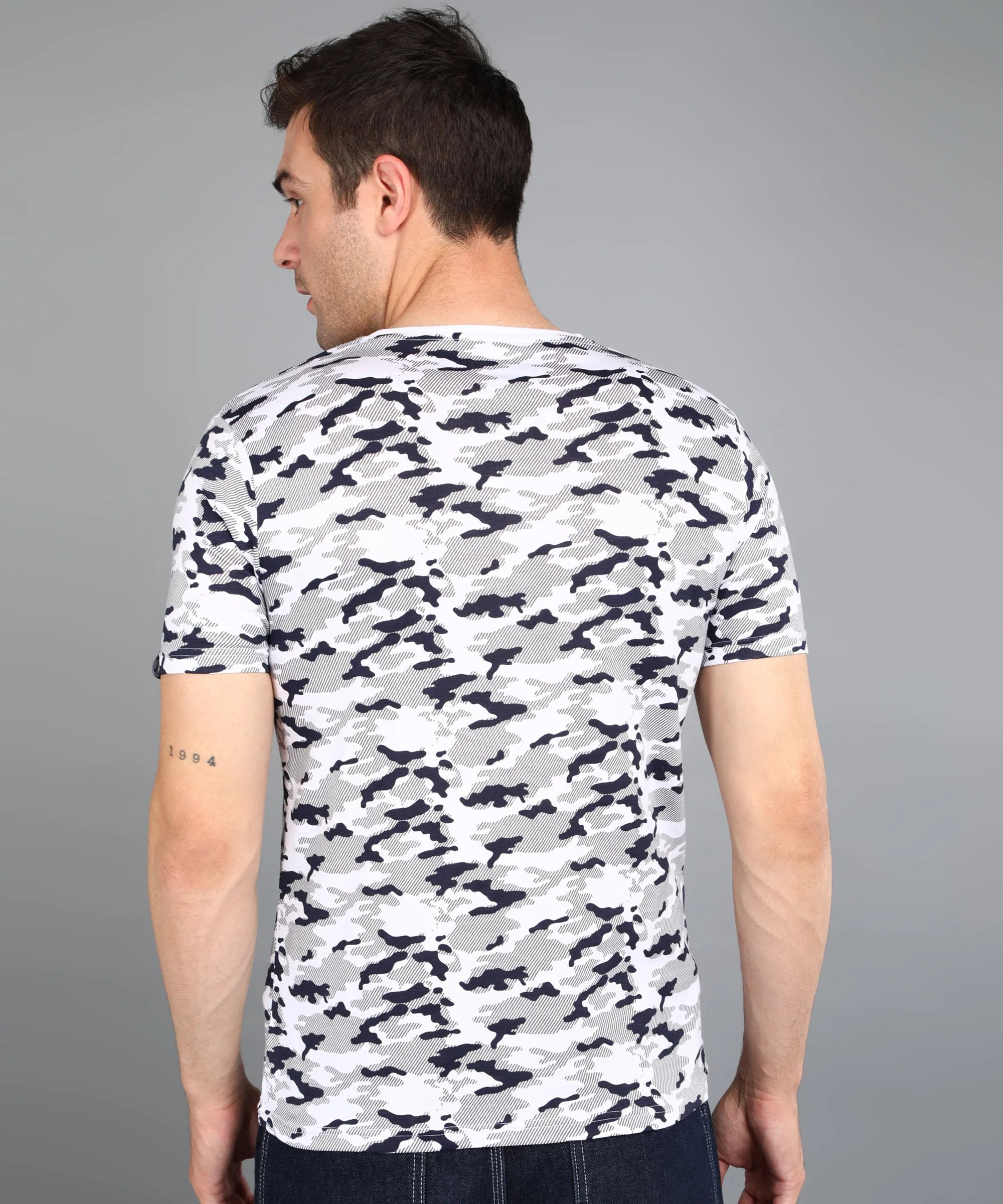 Men's White Military Camouflage Printed Slim Fit Half Sleeve Cotton T-Shirt - Image 3