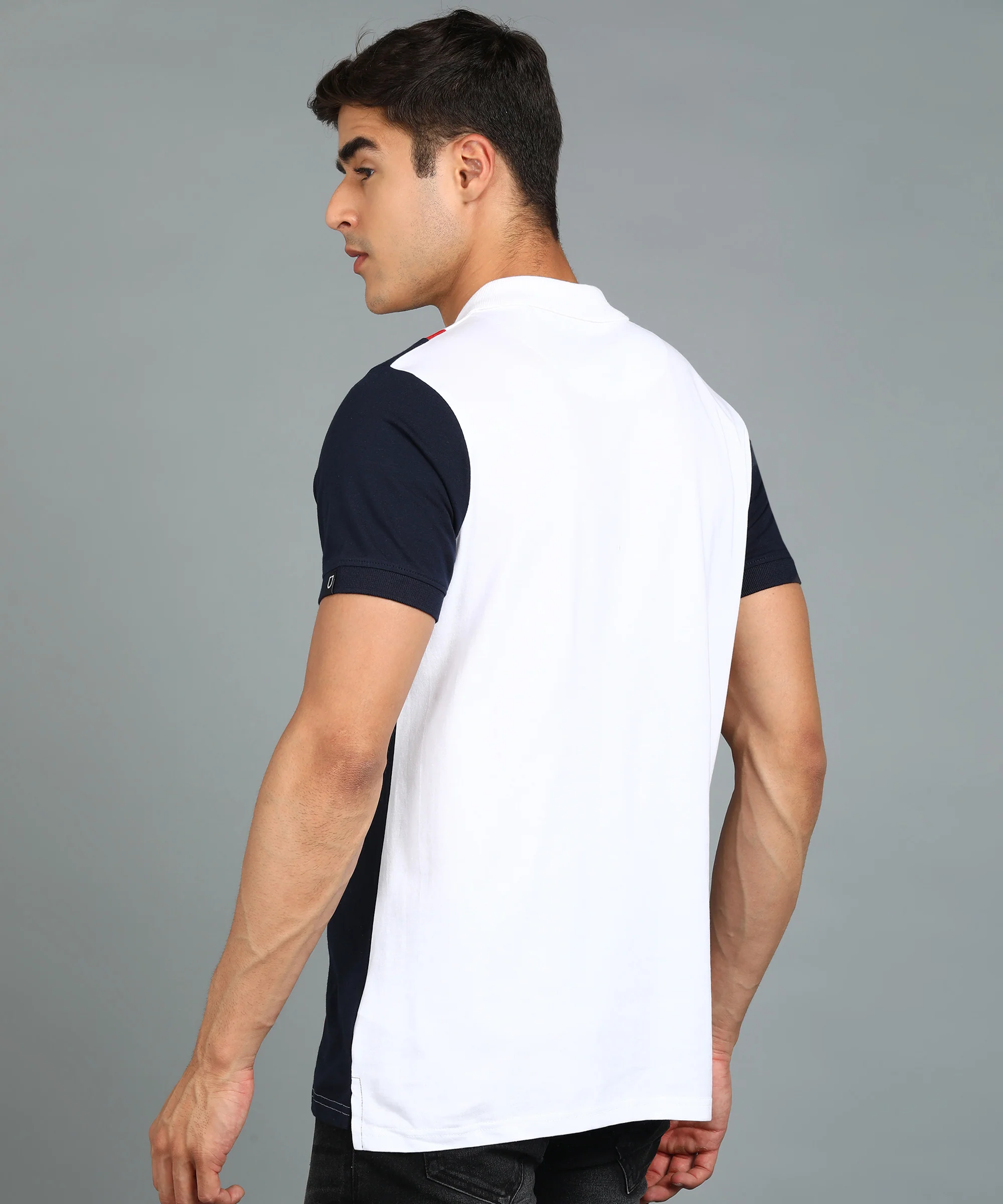 Men's White, Navy Blue Colour-Block Slim Fit Half Sleeve Cotton Polo T-Shirt - Image 3