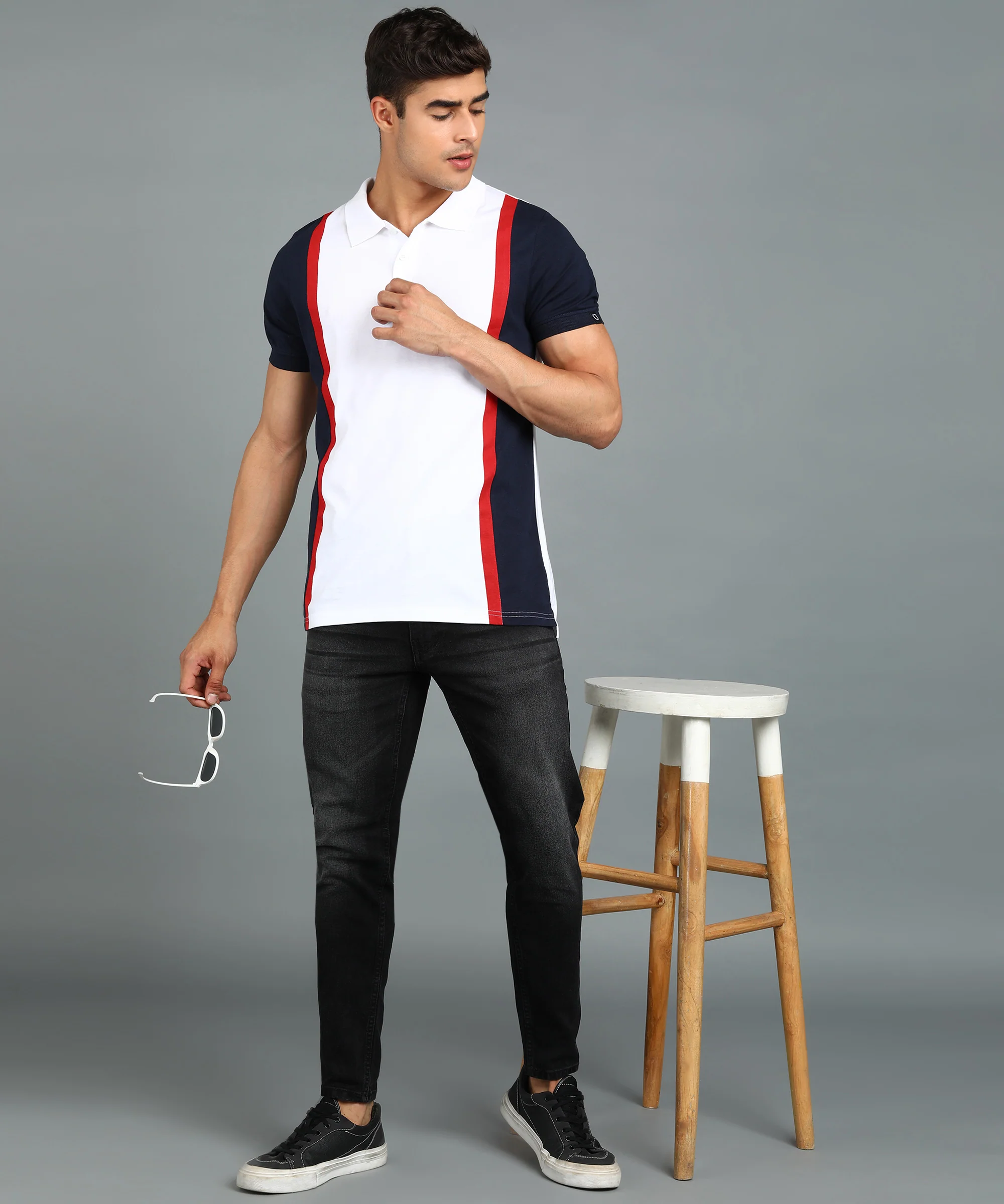 Men's White, Navy Blue Colour-Block Slim Fit Half Sleeve Cotton Polo T-Shirt - Image 4
