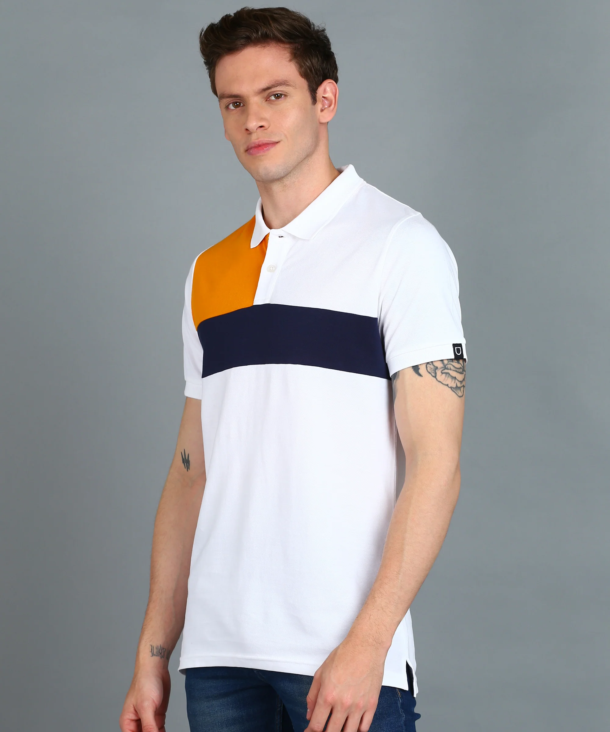 Men's White, Navy Blue, Gold Colour-Block Slim Fit Half Sleeve Cotton Polo T-Shirt - Image 2