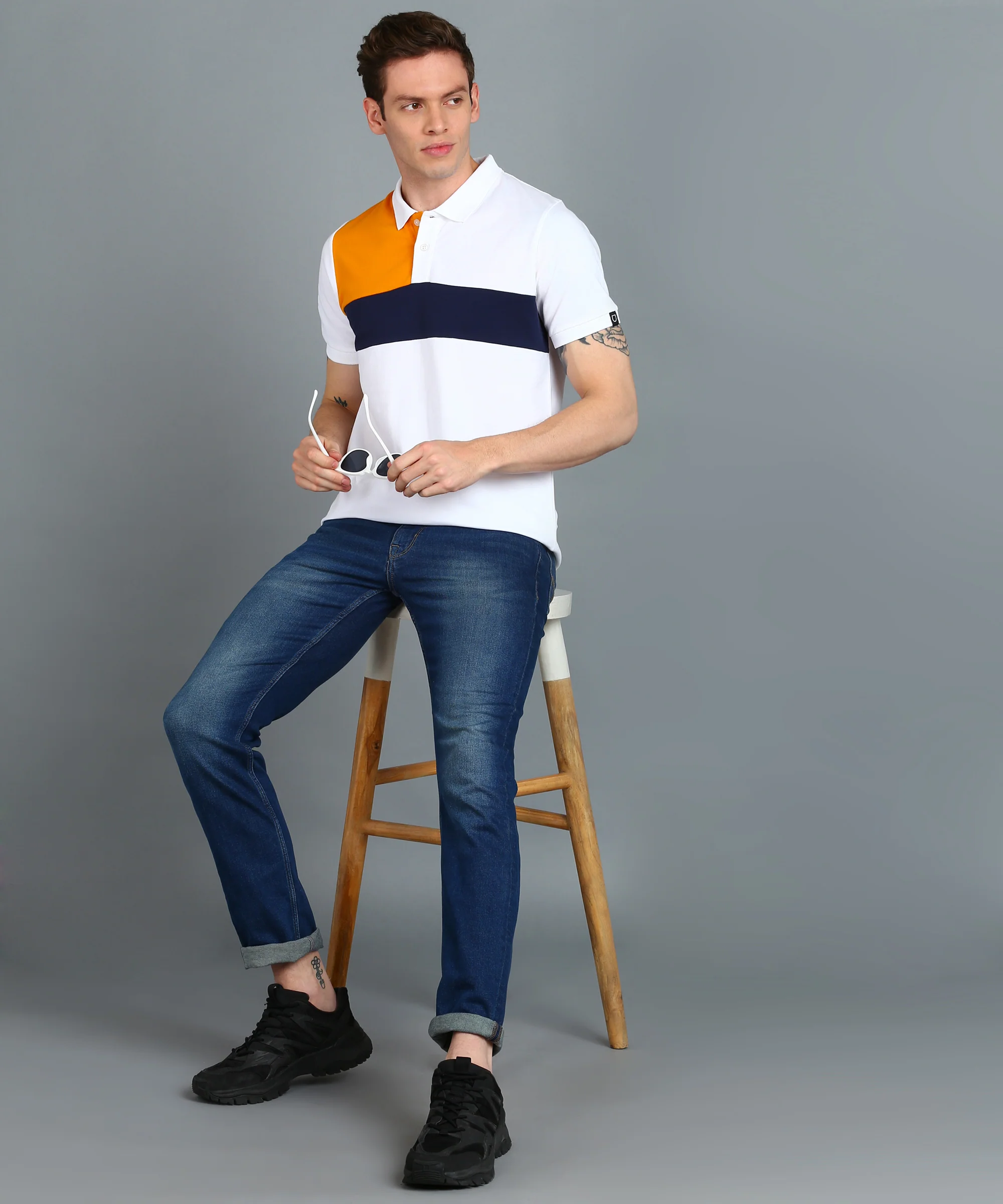 Men's White, Navy Blue, Gold Colour-Block Slim Fit Half Sleeve Cotton Polo T-Shirt - Image 4