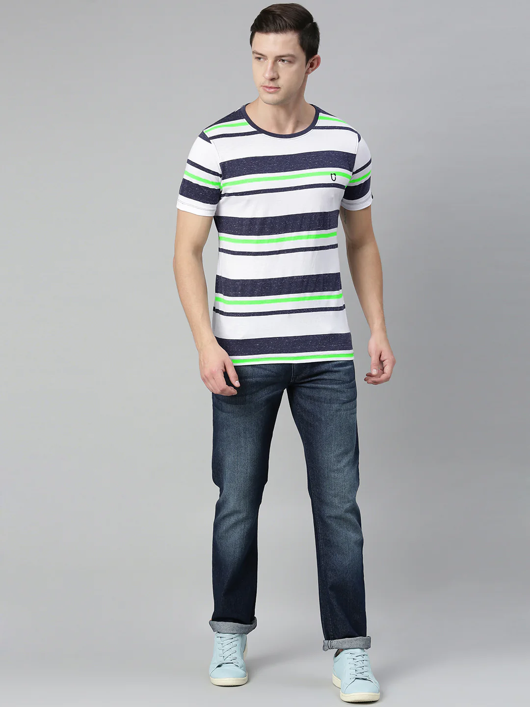 Men's White, Navy Blue, Green Striped Half Sleeve Slim Fit Cotton T-Shirt - Image 3