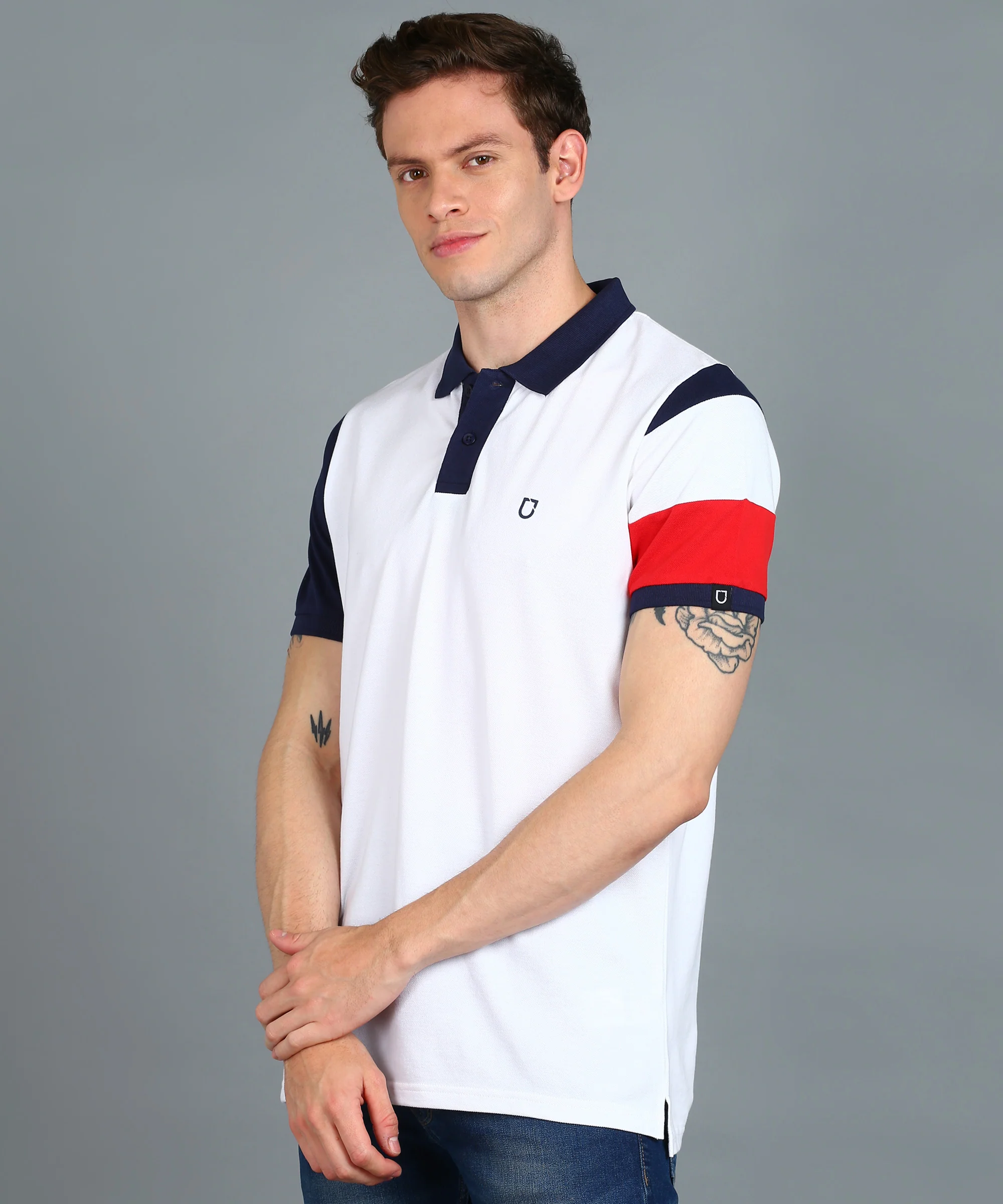 Men's White, Navy Blue, Red Colour-Block Slim Fit Half Sleeve Cotton Polo T-Shirt - Image 2