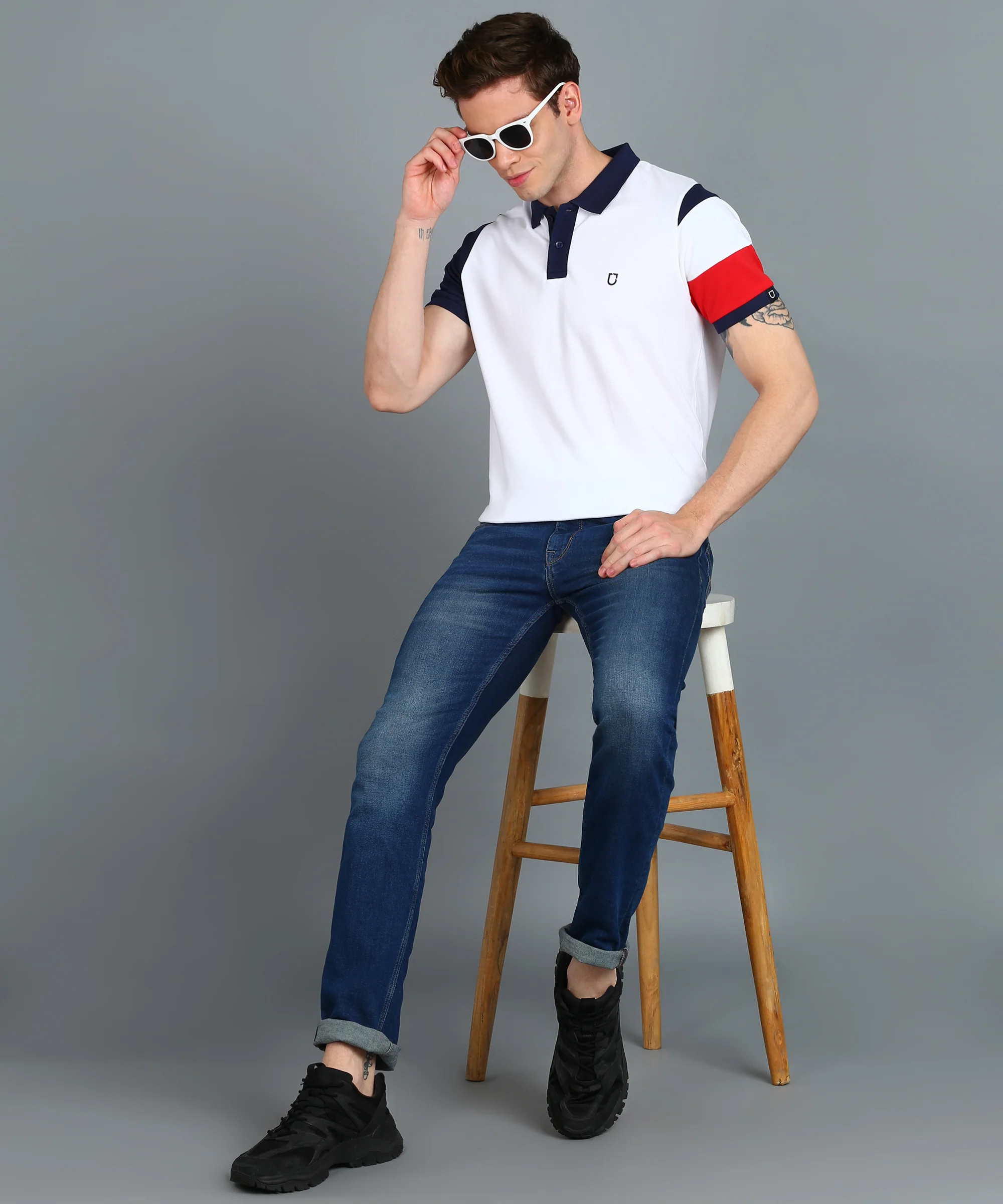 Men's White, Navy Blue, Red Colour-Block Slim Fit Half Sleeve Cotton Polo T-Shirt - Image 4