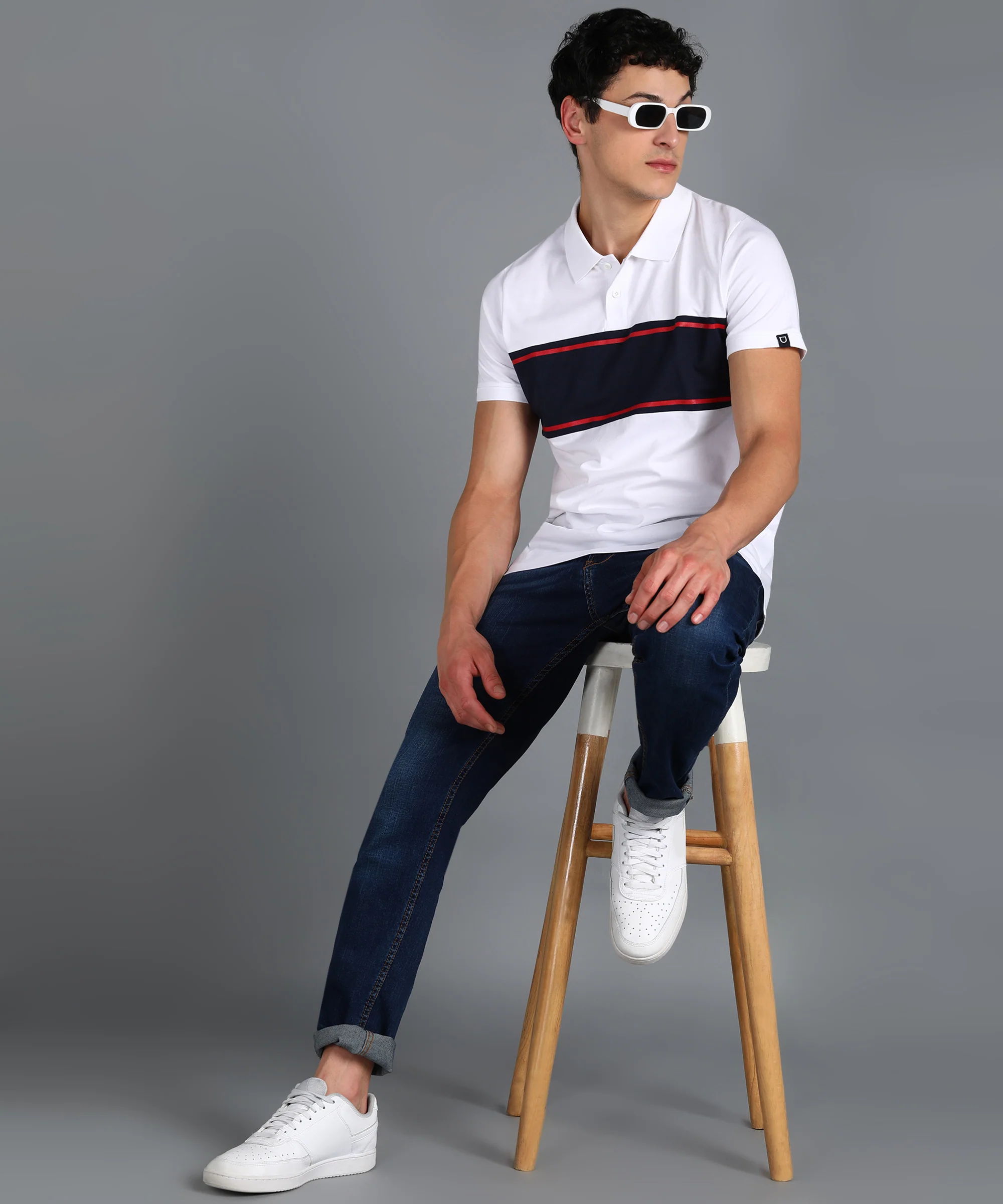 Men's White, Navy Blue, Red Colour-Block Slim Fit Half Sleeve Cotton Polo T-Shirt - Image 4