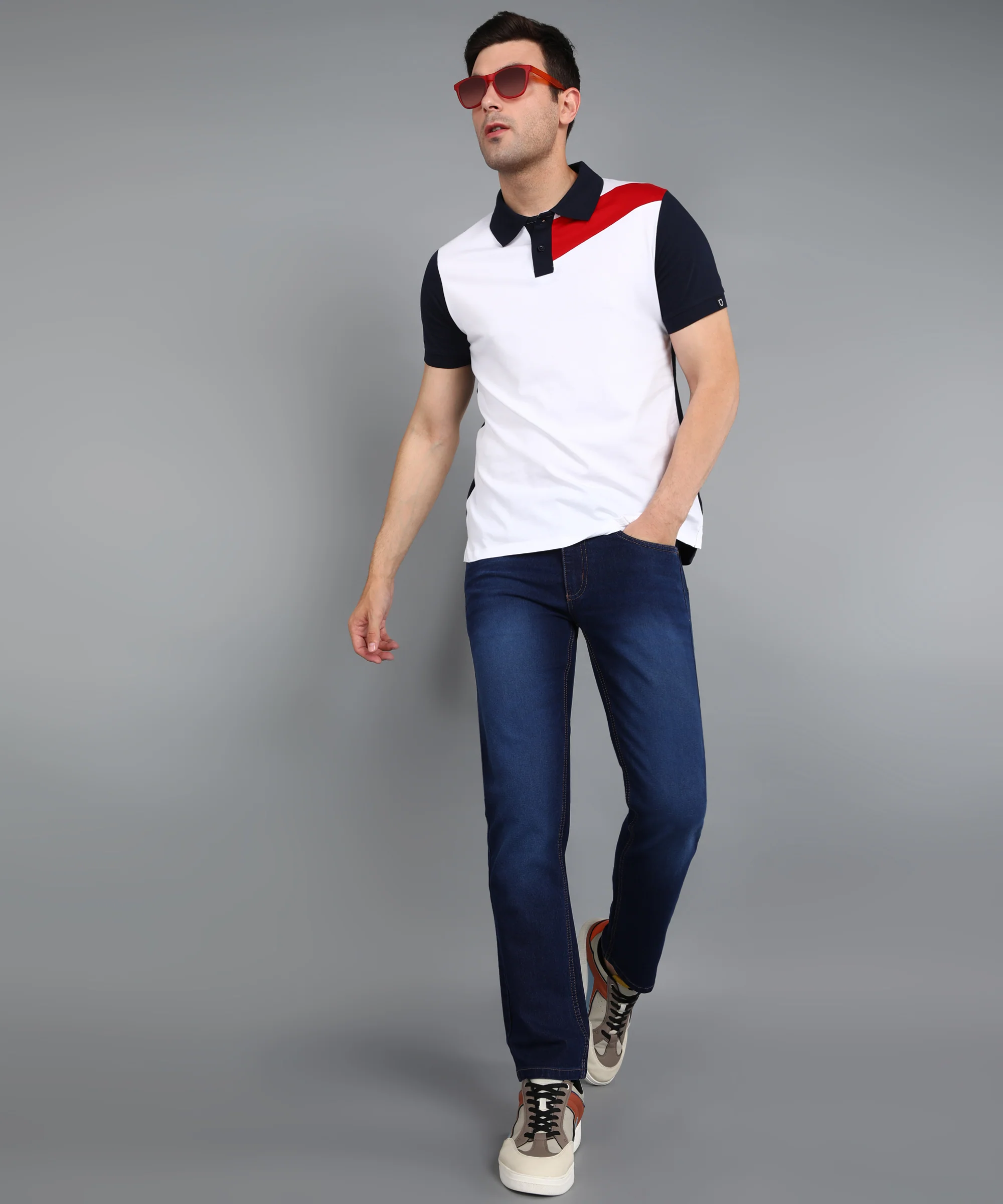Men's White, Navy Blue, Red Colour-Block Slim Fit Half Sleeve Cotton Polo T-Shirt - Image 4