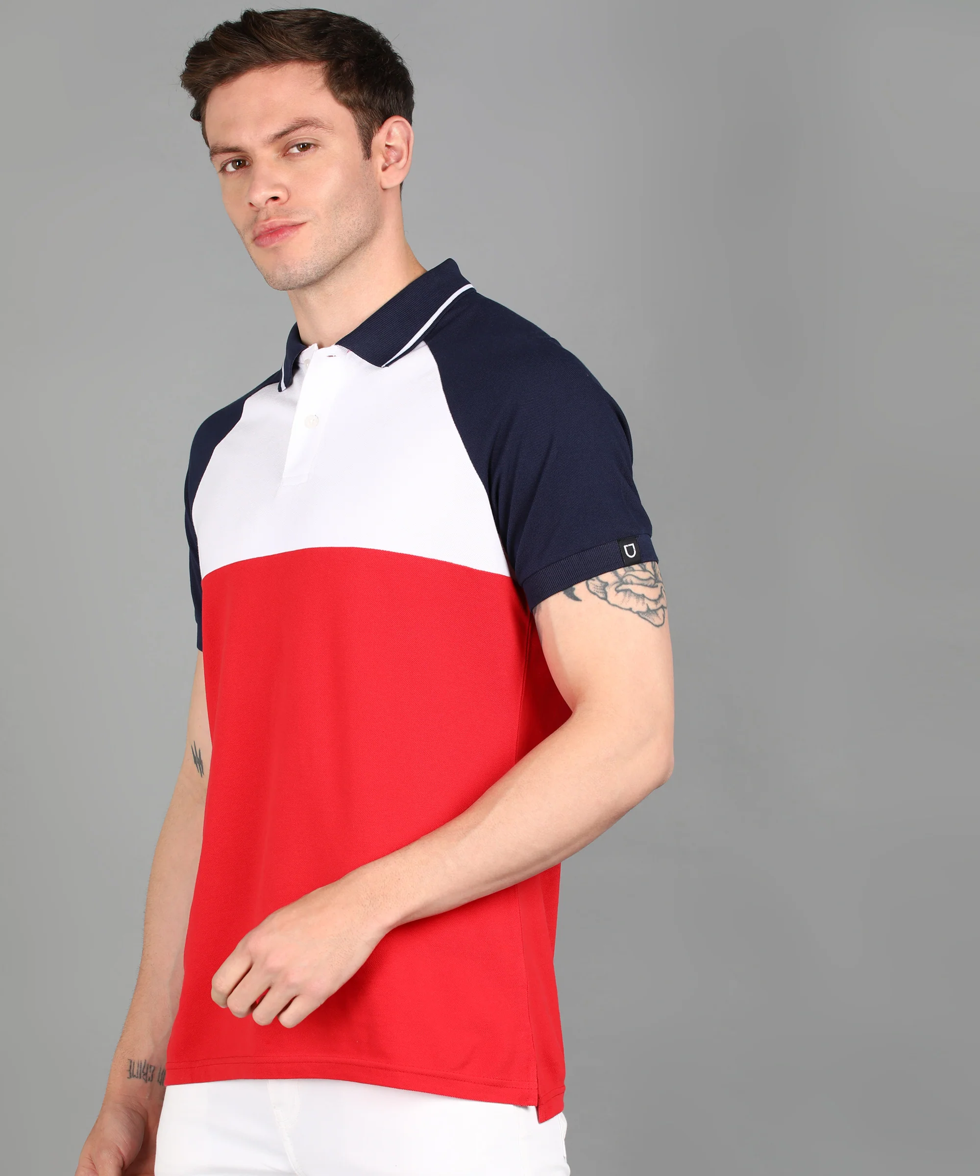 Men's White, Navy, Red Colour-Block Slim Fit Half Sleeve Cotton Polo T-Shirt - Image 2