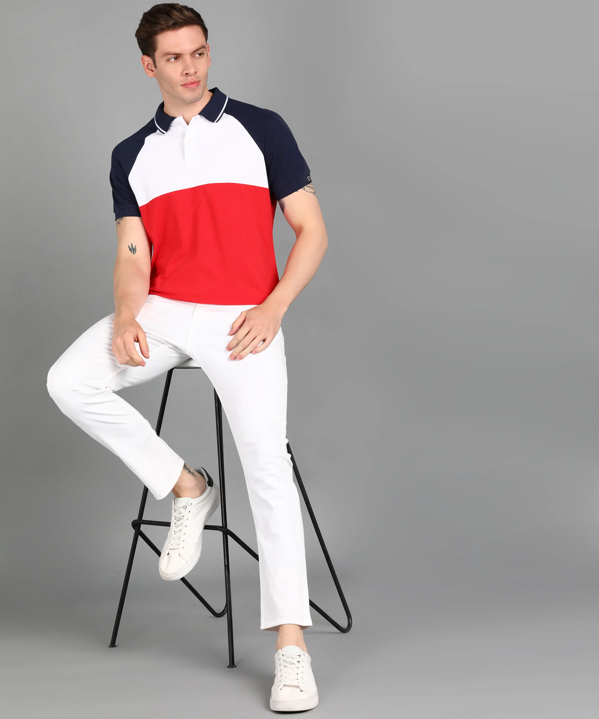 Men's White, Navy, Red Colour-Block Slim Fit Half Sleeve Cotton Polo T-Shirt - Image 4