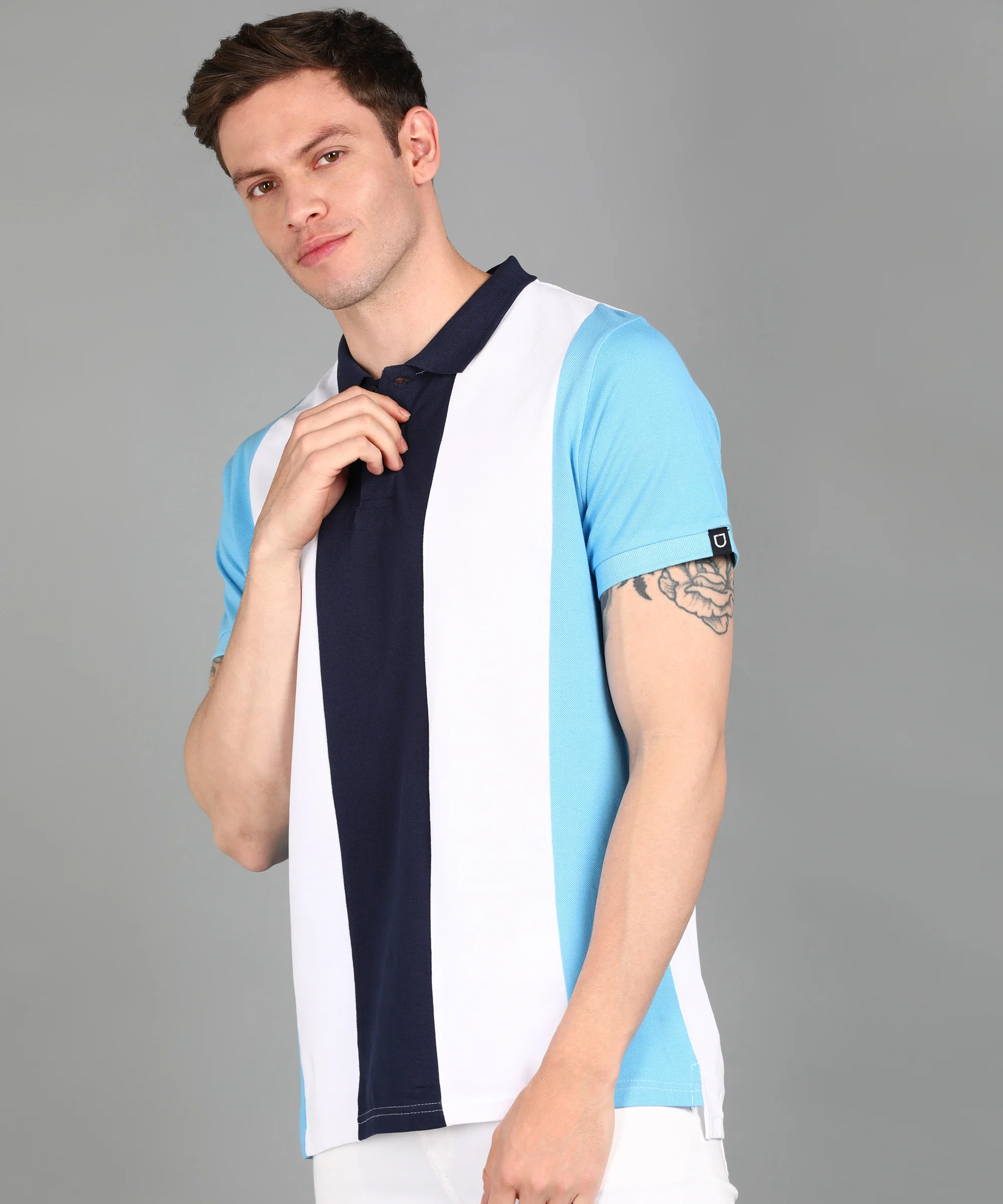 Men's White, Navy, Sky Blue Colour-Block Slim Fit Half Sleeve Cotton Polo T-Shirt - Image 2