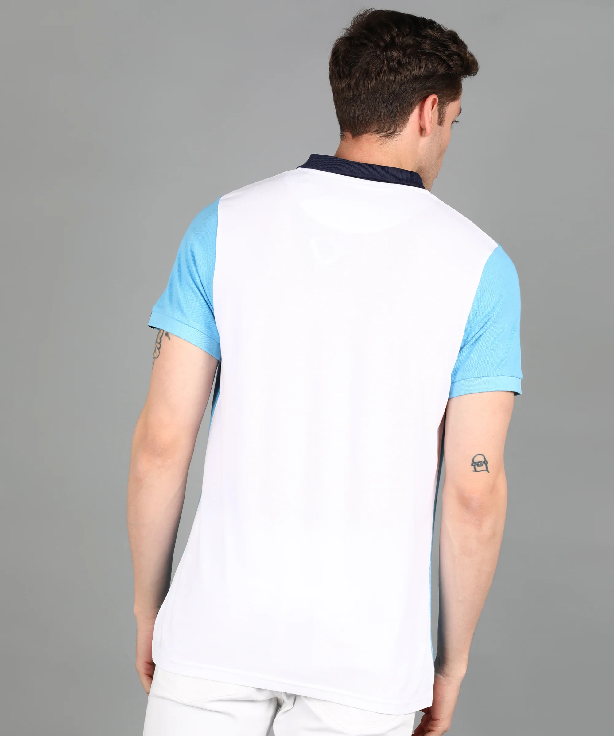 Men's White, Navy, Sky Blue Colour-Block Slim Fit Half Sleeve Cotton Polo T-Shirt - Image 3