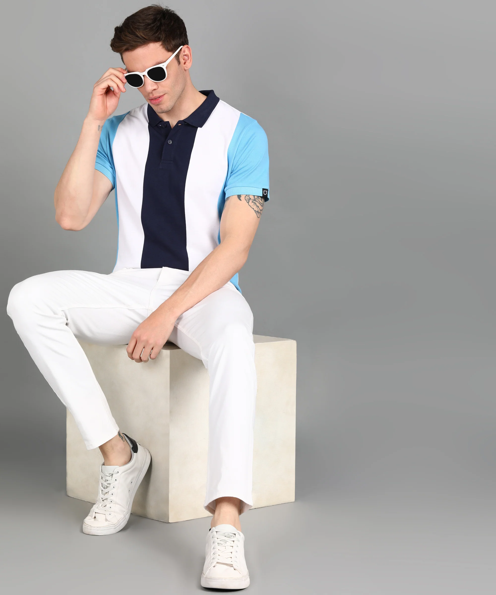 Men's White, Navy, Sky Blue Colour-Block Slim Fit Half Sleeve Cotton Polo T-Shirt - Image 4