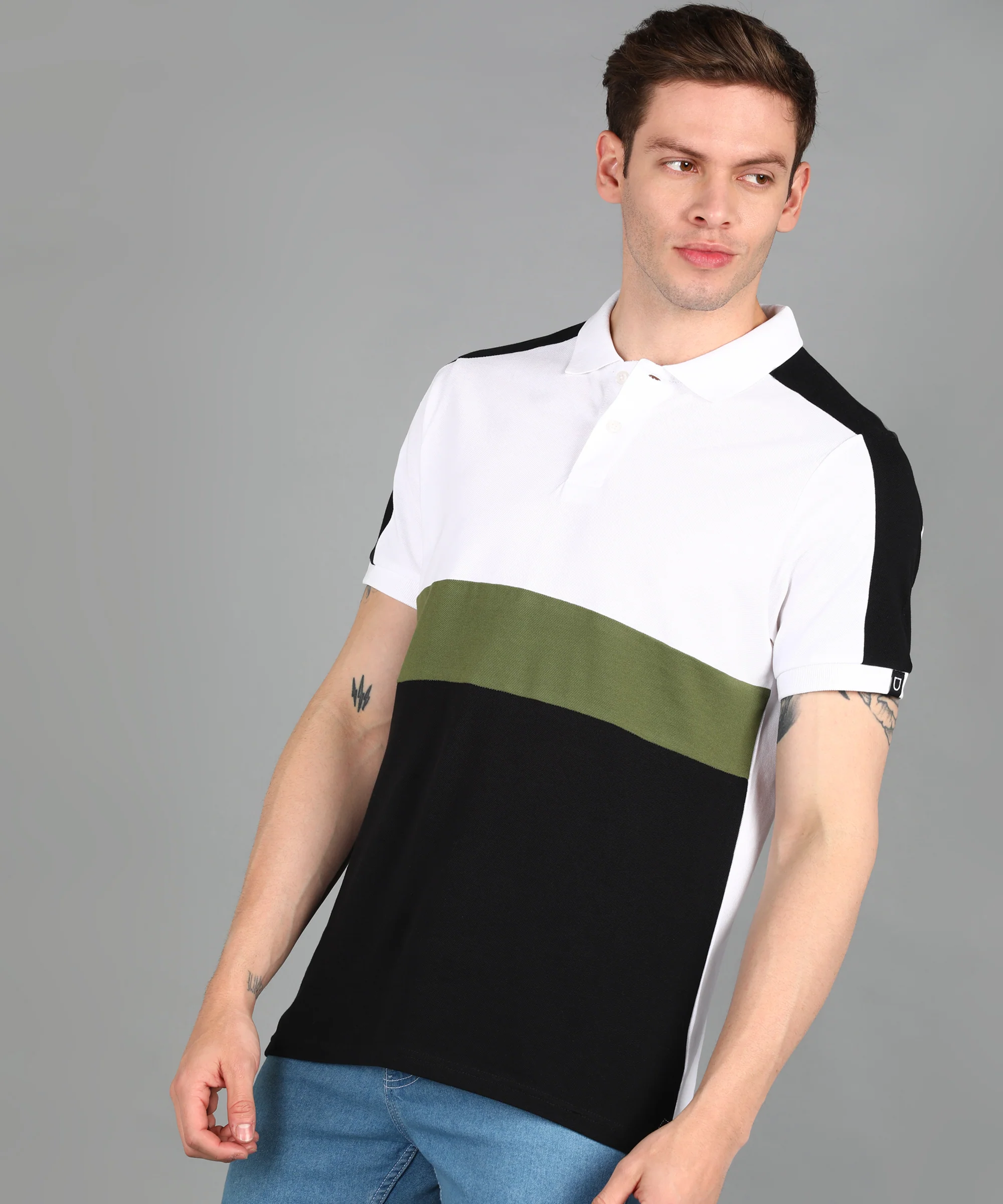 Men's White, Olive, Black Colour-Block Slim Fit Half Sleeve Cotton Polo T-Shirt - Image 2