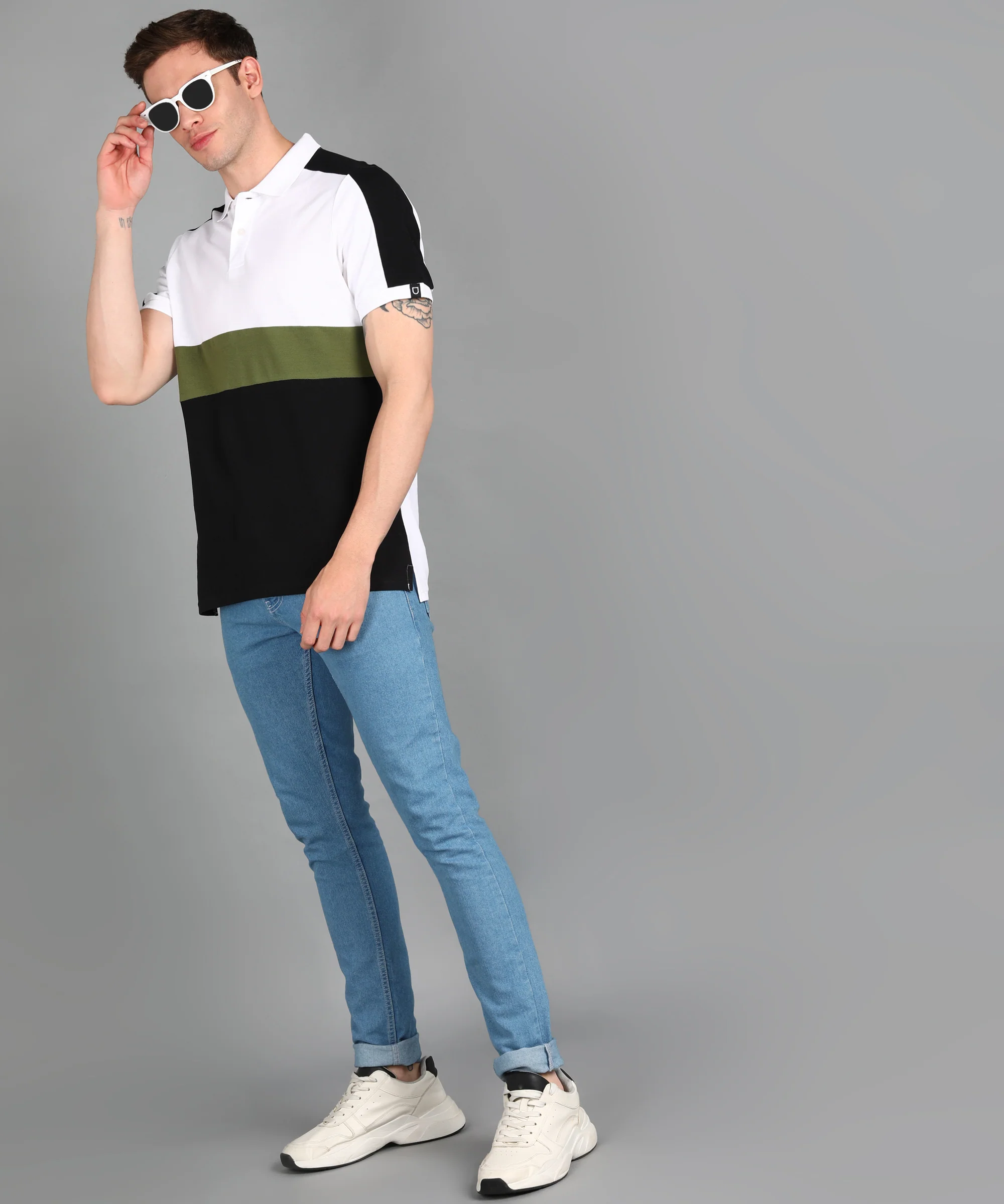 Men's White, Olive, Black Colour-Block Slim Fit Half Sleeve Cotton Polo T-Shirt - Image 4