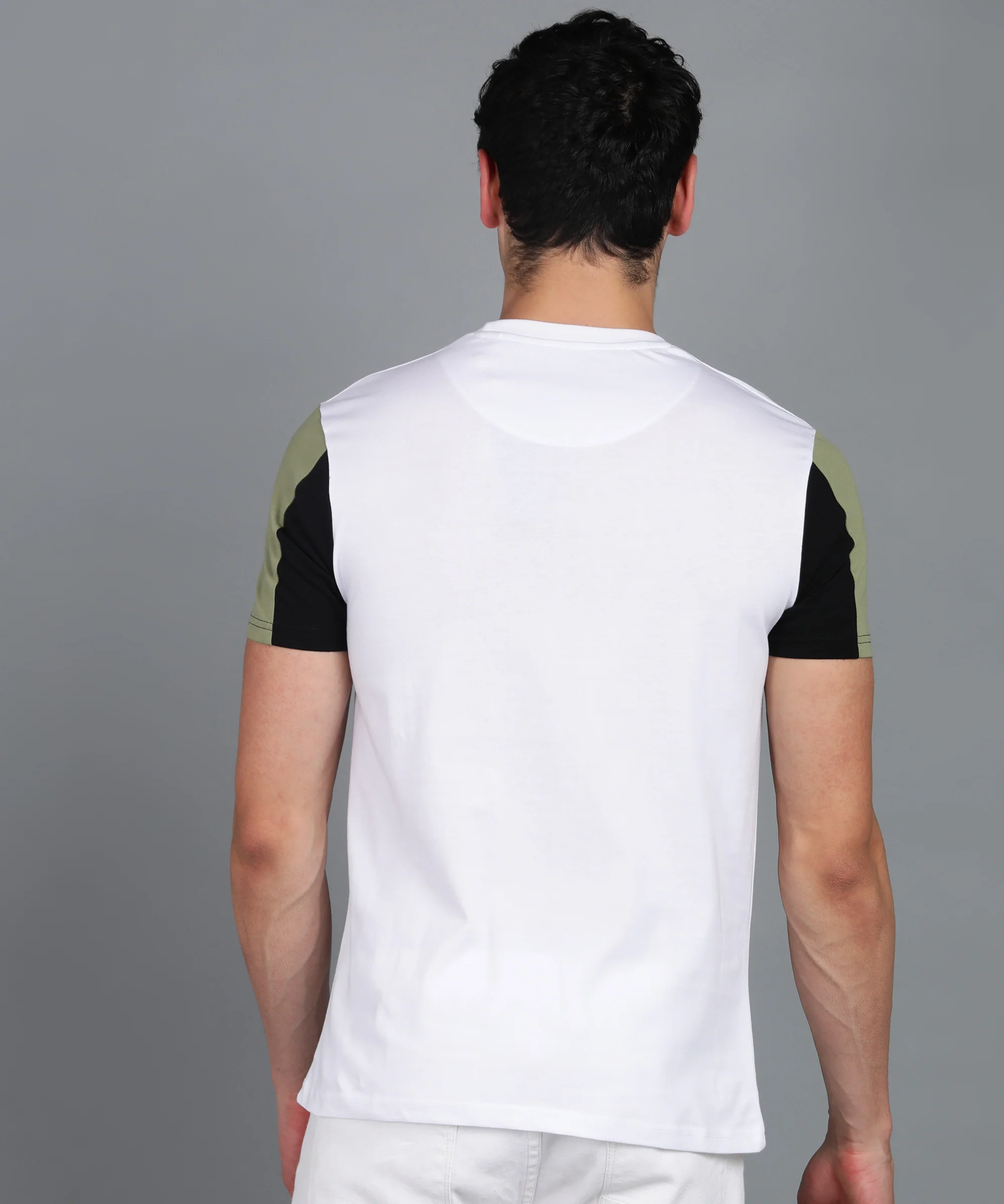 Men's White, Olive, Black Cotton Color-Block Slim Fit Half Sleeve T-Shirt - Image 3