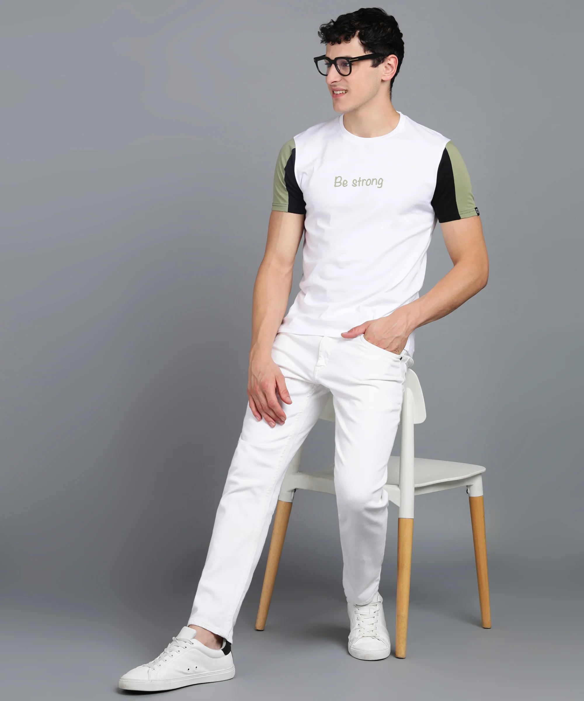 Men's White, Olive, Black Cotton Color-Block Slim Fit Half Sleeve T-Shirt - Image 4