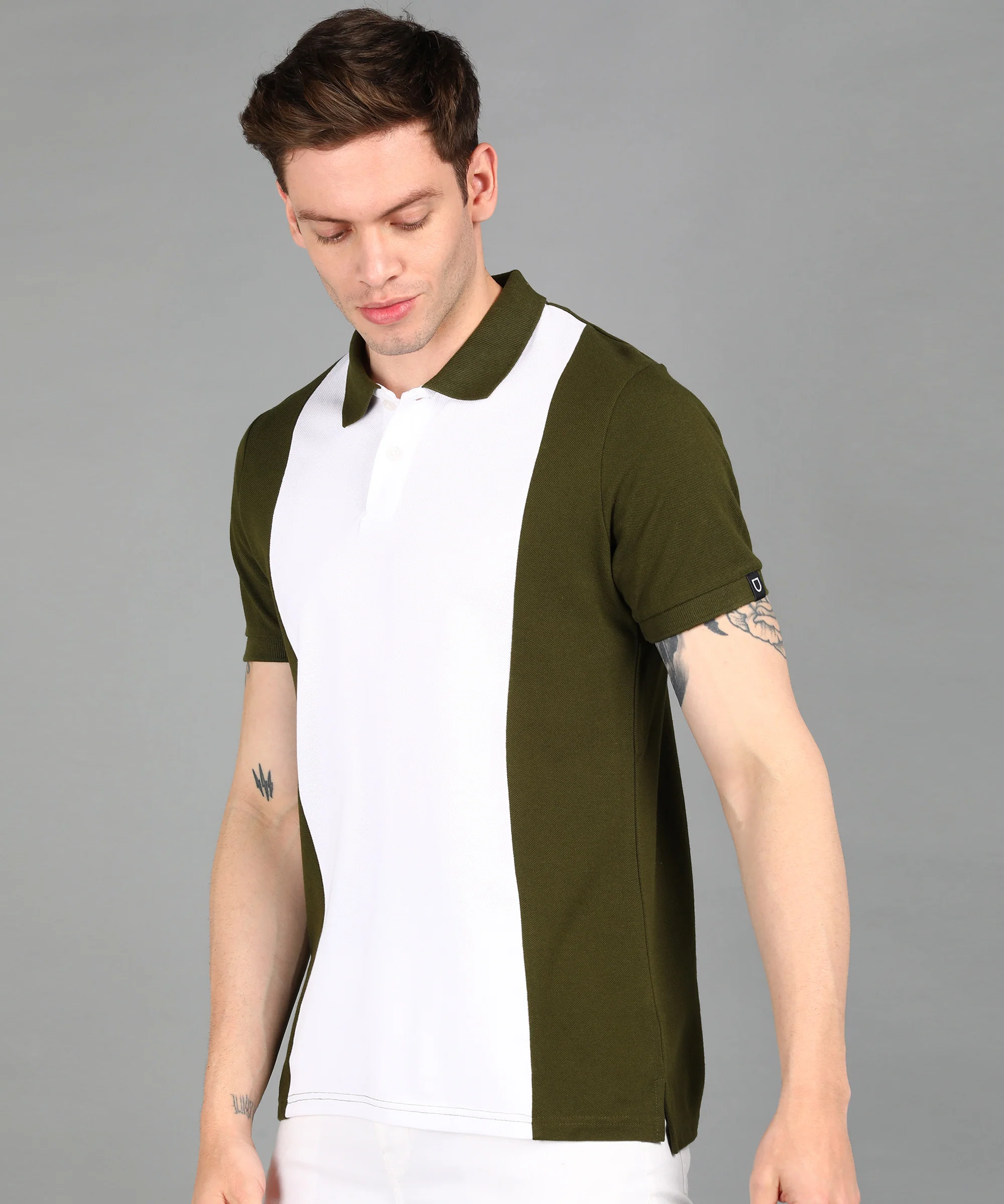 Men's White, Olive Colour-Block Slim Fit Half Sleeve Cotton Polo T-Shirt - Image 2
