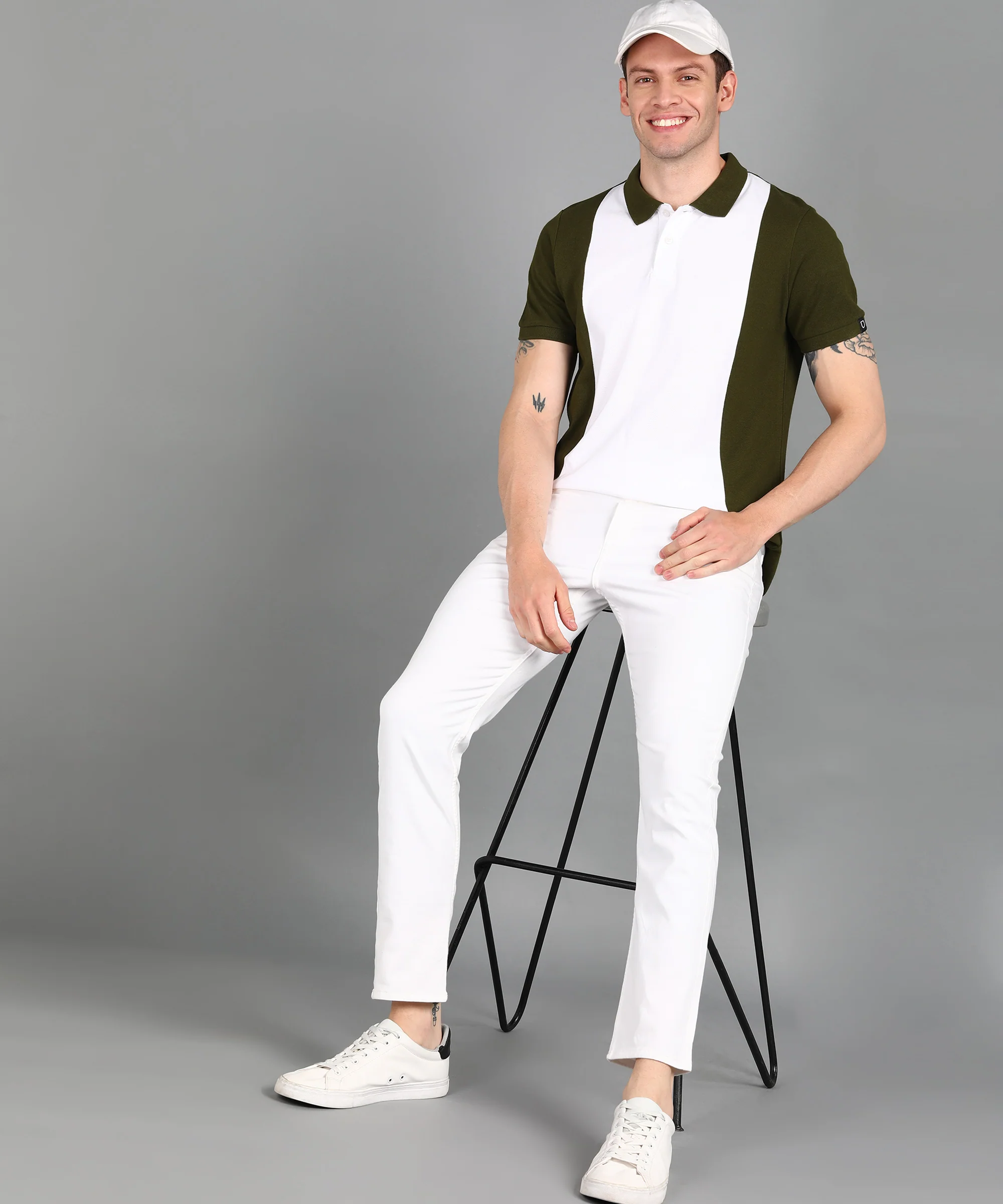 Men's White, Olive Colour-Block Slim Fit Half Sleeve Cotton Polo T-Shirt - Image 4