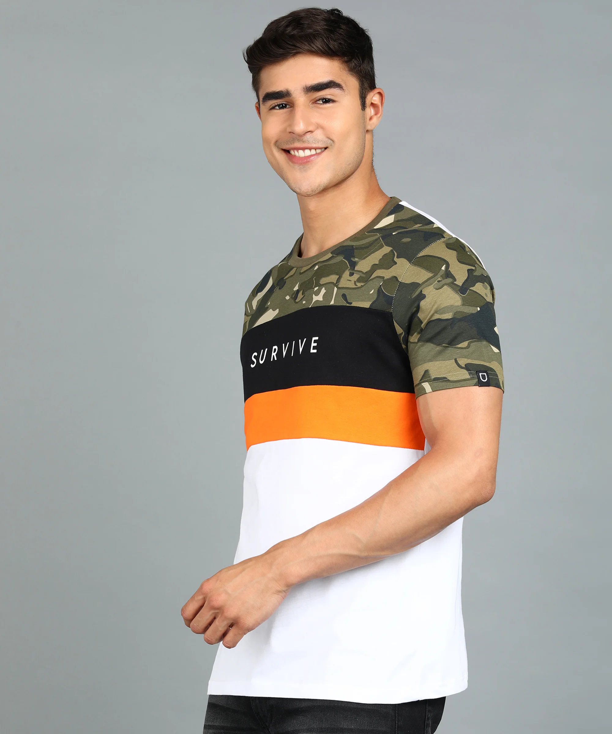Men's White, Orange, Black Military Camouflage Printed Slim Fit Half Sleeve Cotton T-Shirt - Image 2