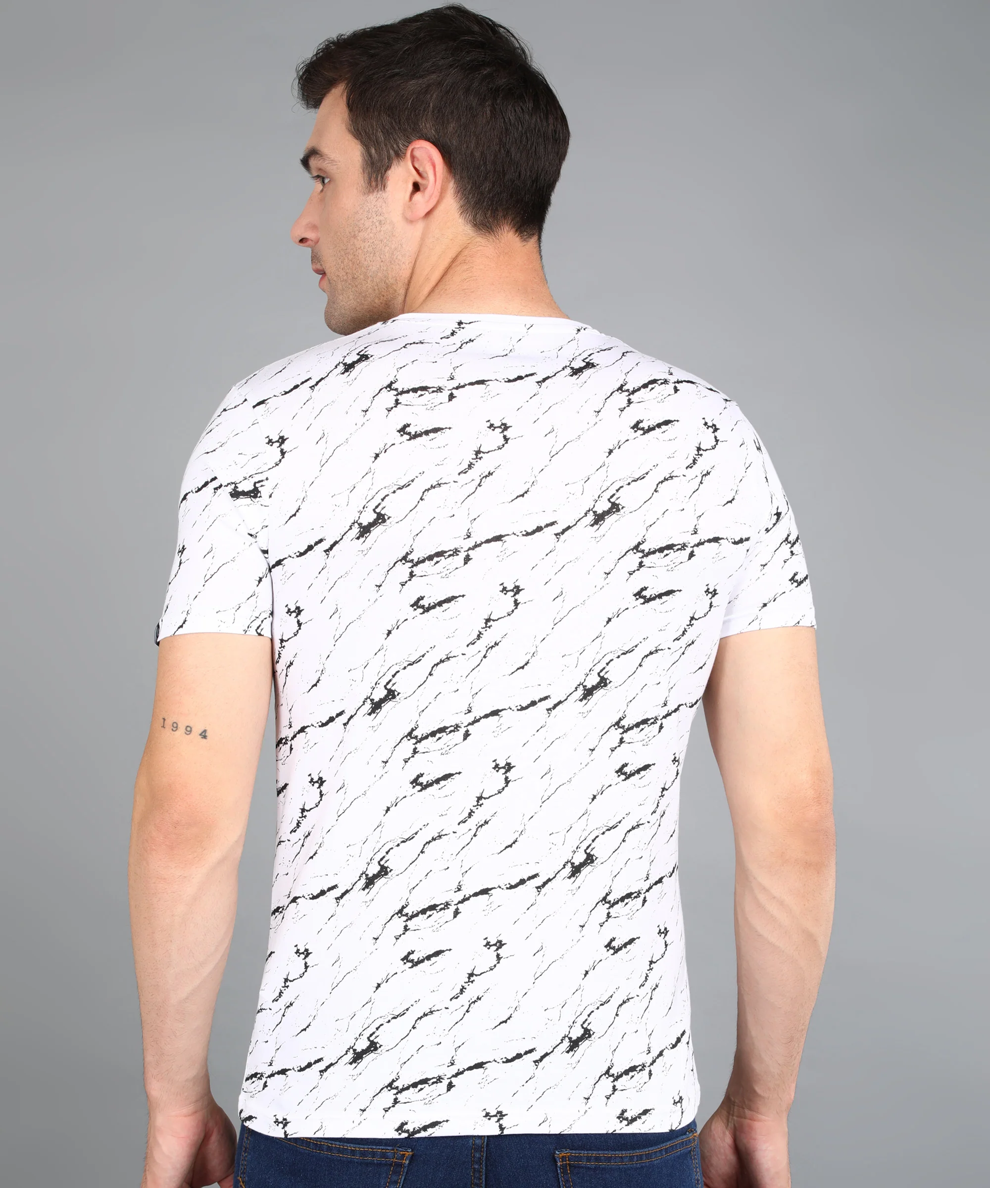 Men's White Printed Round Neck Half Sleeve Slim Fit Cotton T-Shirt - Image 3