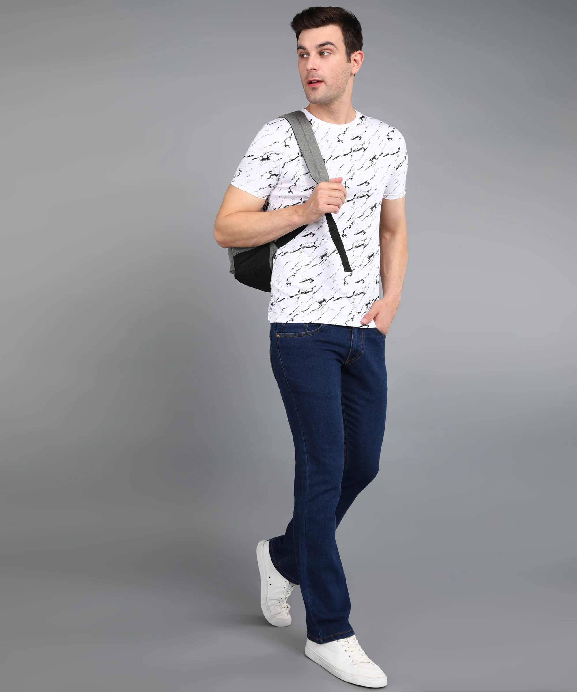 Men's White Printed Round Neck Half Sleeve Slim Fit Cotton T-Shirt - Image 4
