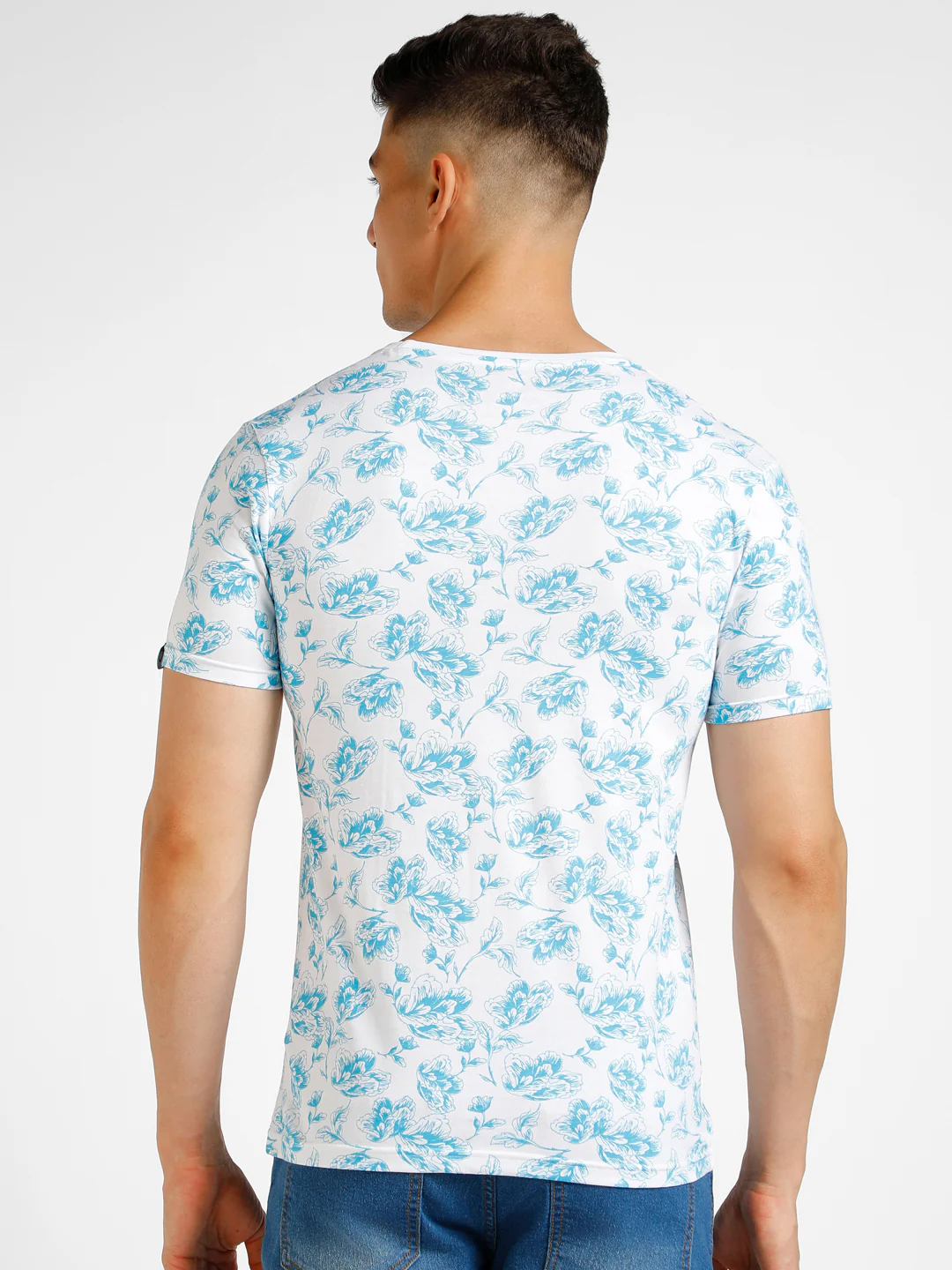 Men's White Printed Round Neck Half Sleeve Slim Fit Cotton T-Shirt - Image 3