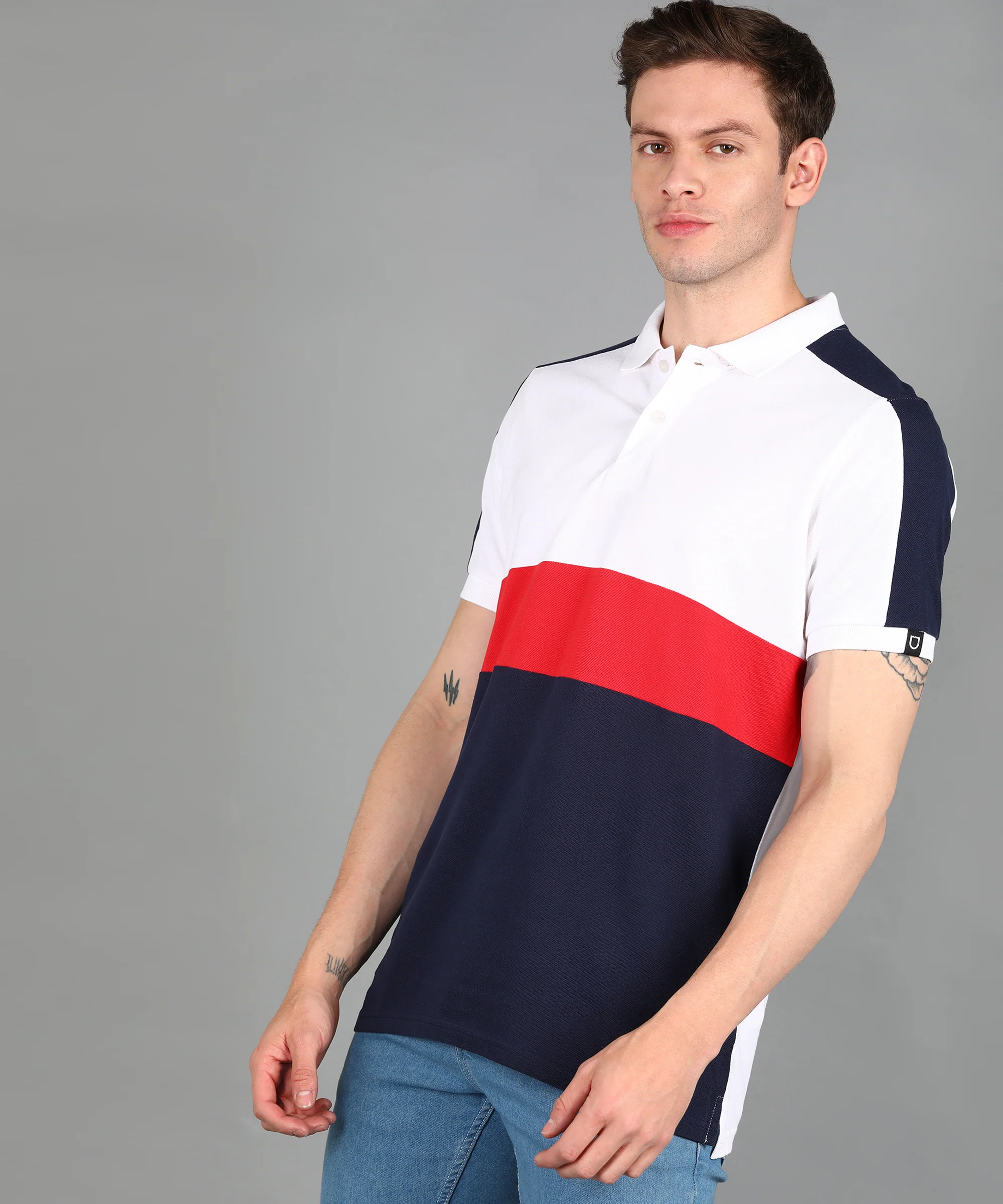 Men's White, Red, Navy Colour-Block Slim Fit Half Sleeve Cotton Polo T-Shirt - Image 2