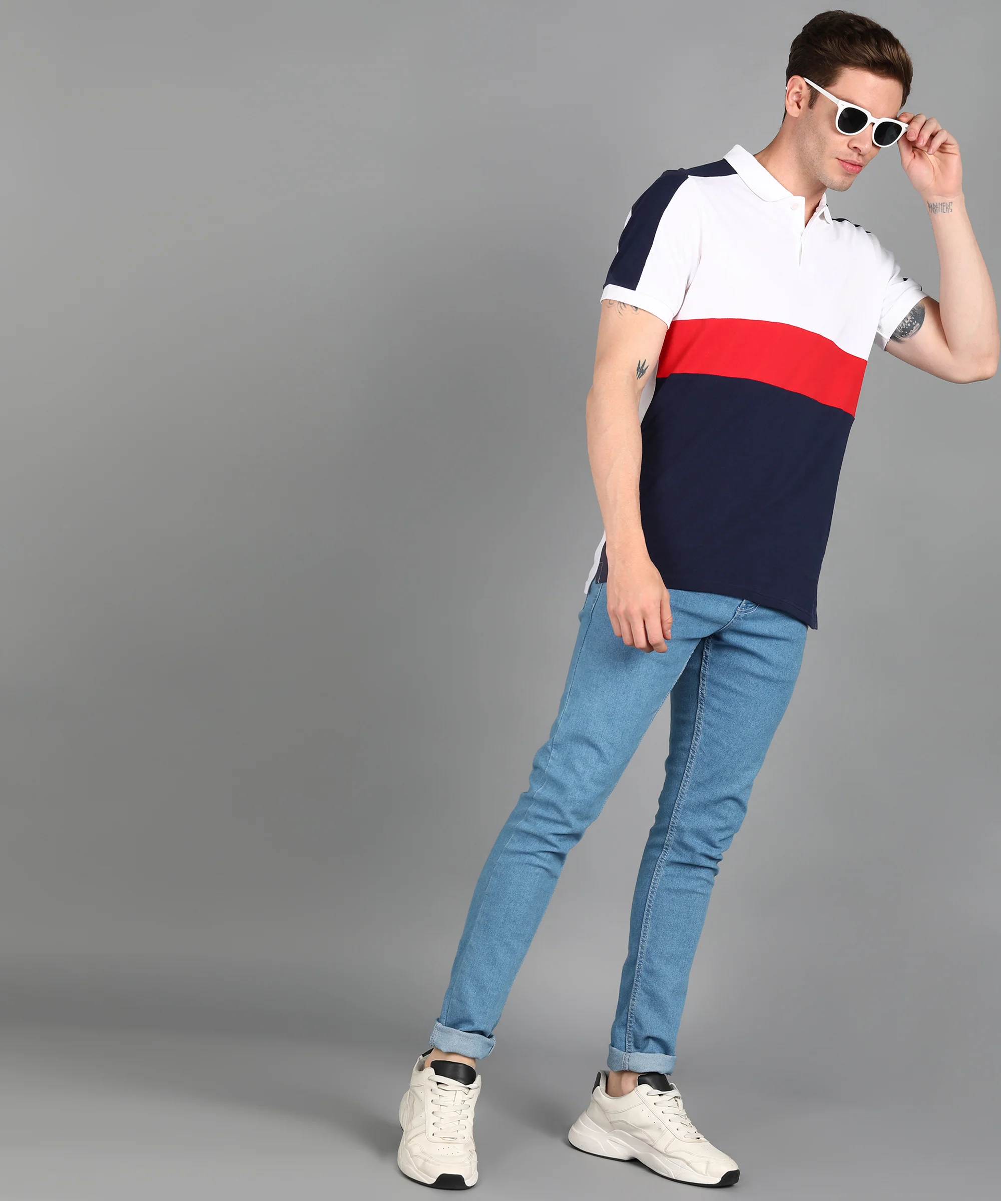 Men's White, Red, Navy Colour-Block Slim Fit Half Sleeve Cotton Polo T-Shirt - Image 4