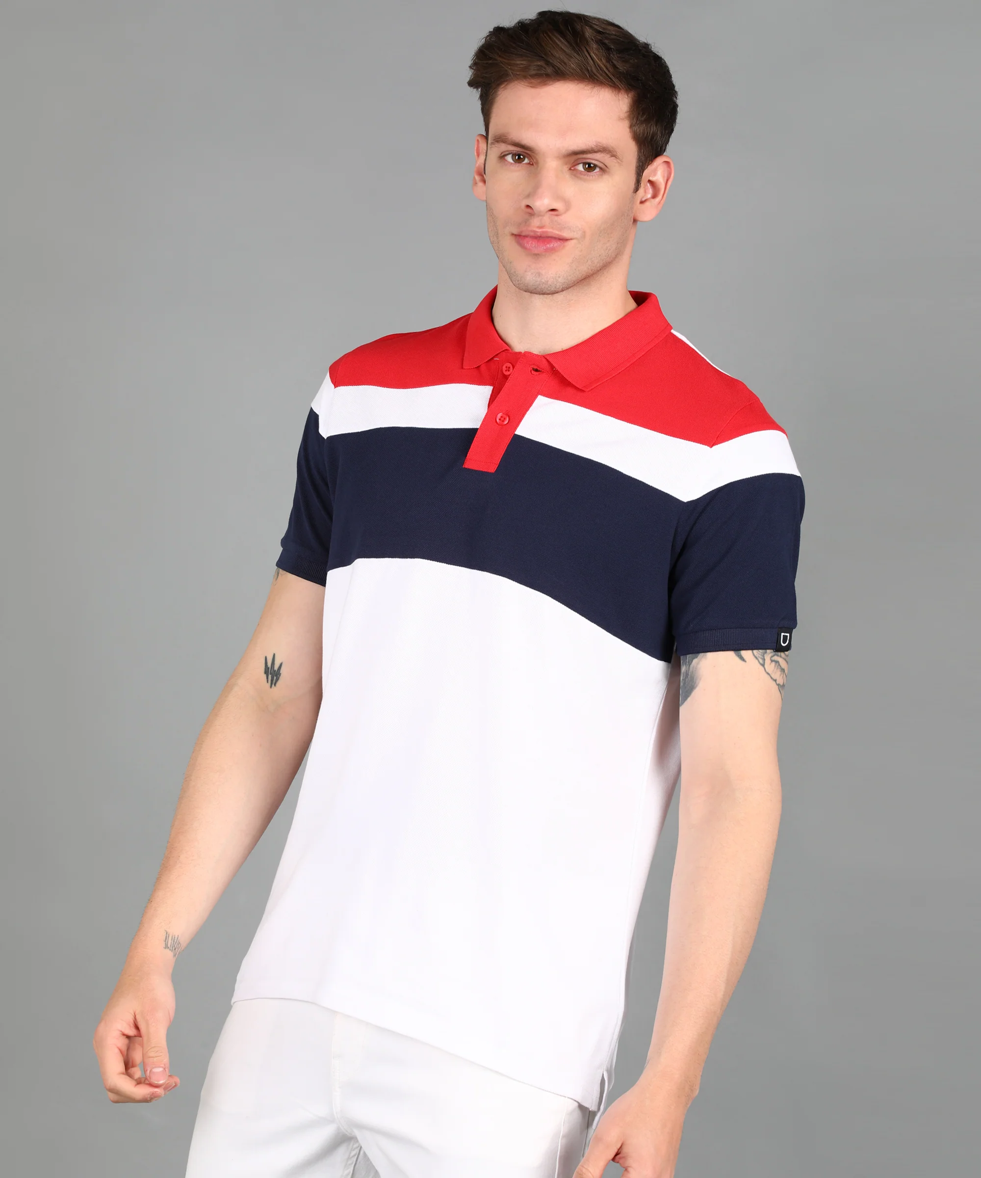 Men's White, Red, Navy Colour-Block Slim Fit Half Sleeve Cotton Polo T-Shirt - Image 2