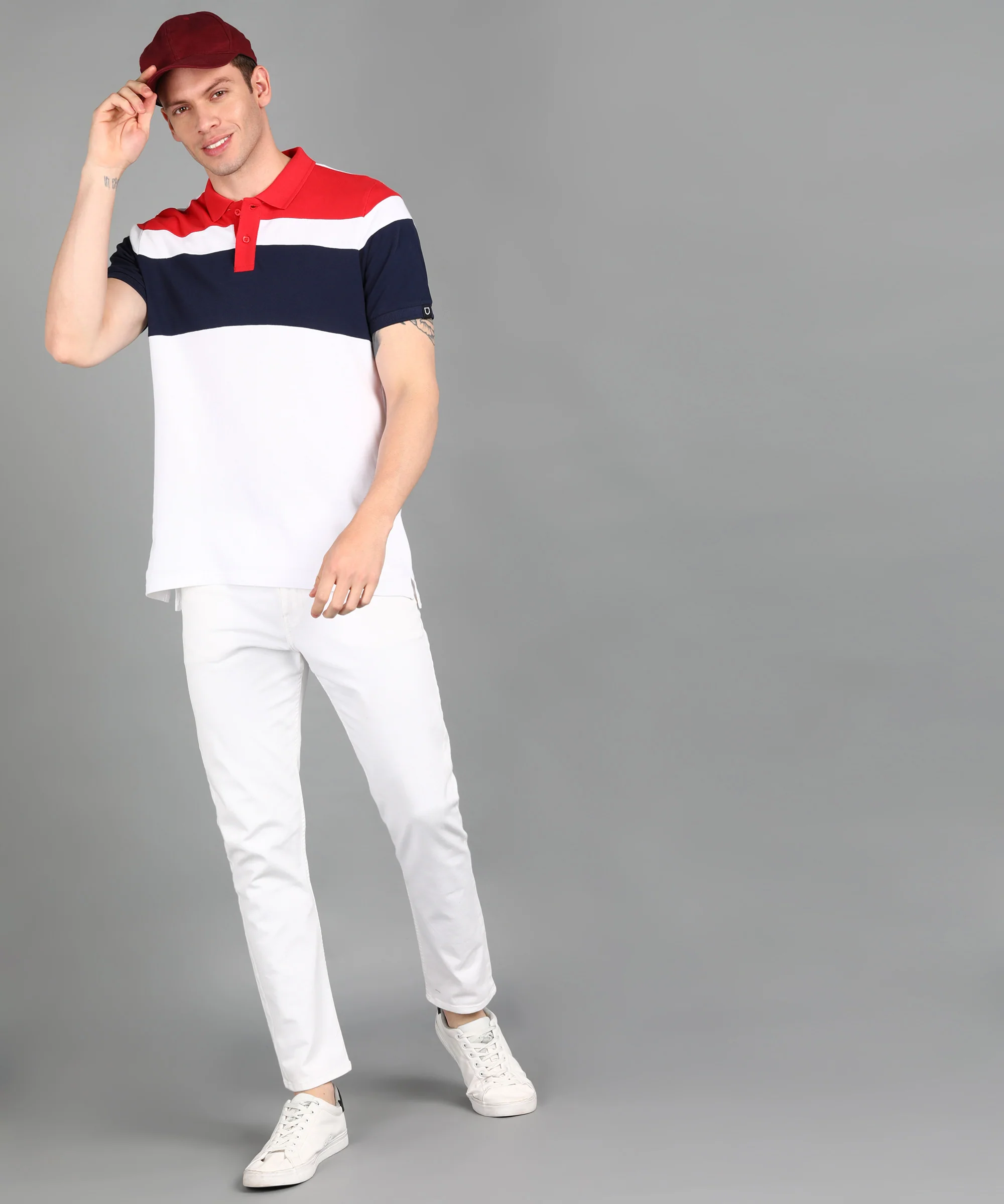 Men's White, Red, Navy Colour-Block Slim Fit Half Sleeve Cotton Polo T-Shirt - Image 4