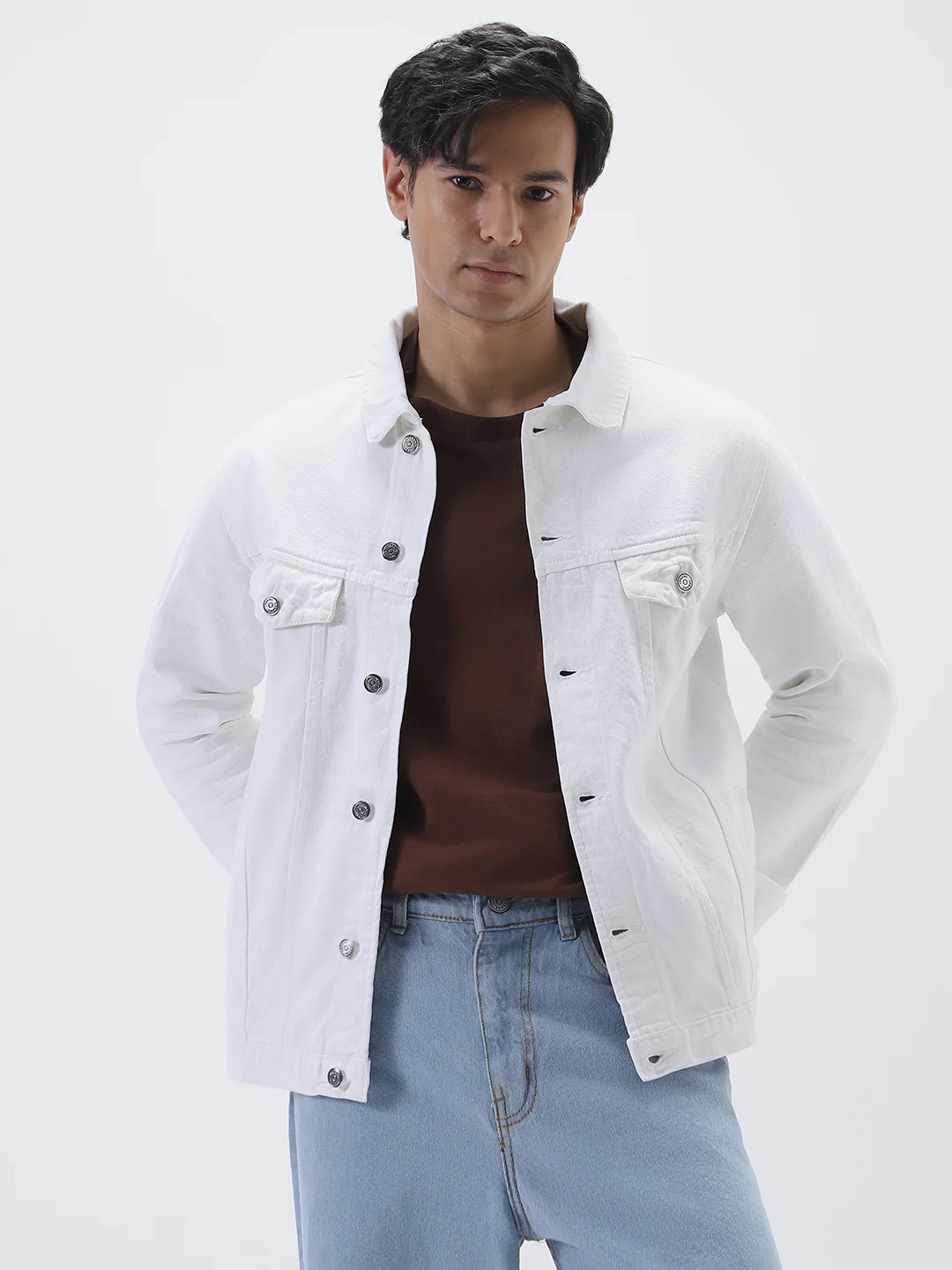Men's White Regular Fit Washed Full Sleeve Denim Jacket - Image 3