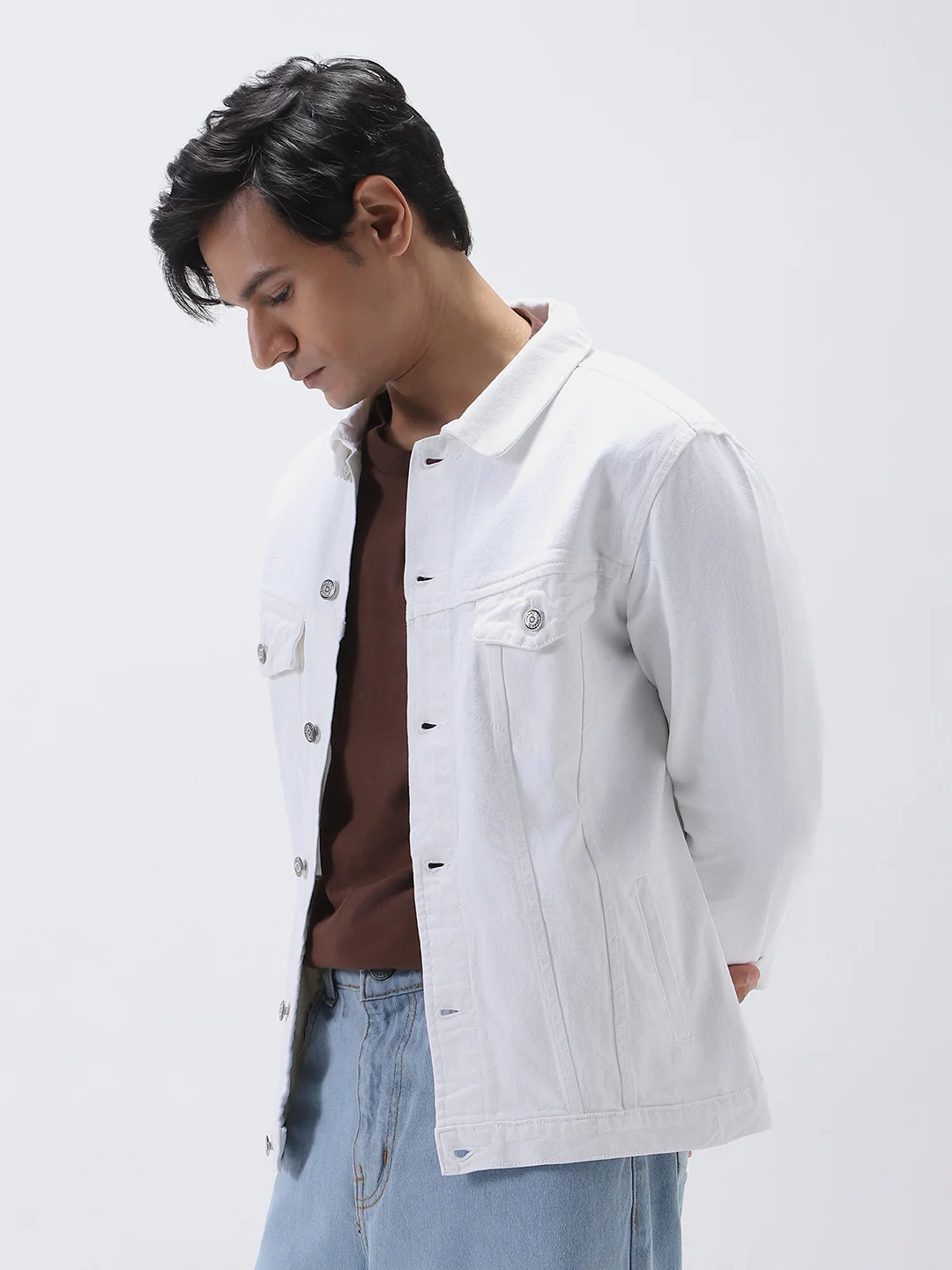 Men's White Regular Fit Washed Full Sleeve Denim Jacket - Image 4
